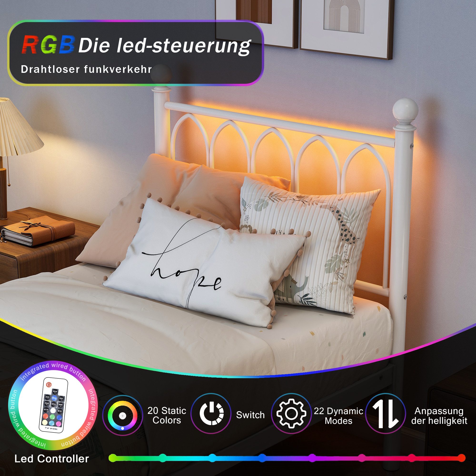 HOMERECOMMEND Metallbett Minimalistischer Bettrahmen mit komfortablem Kopfteil Gästebett (1-tlg), Metallbett mit Lattenrost und LED-Beleuchtung, 90x200cm – Bild 5 von 5