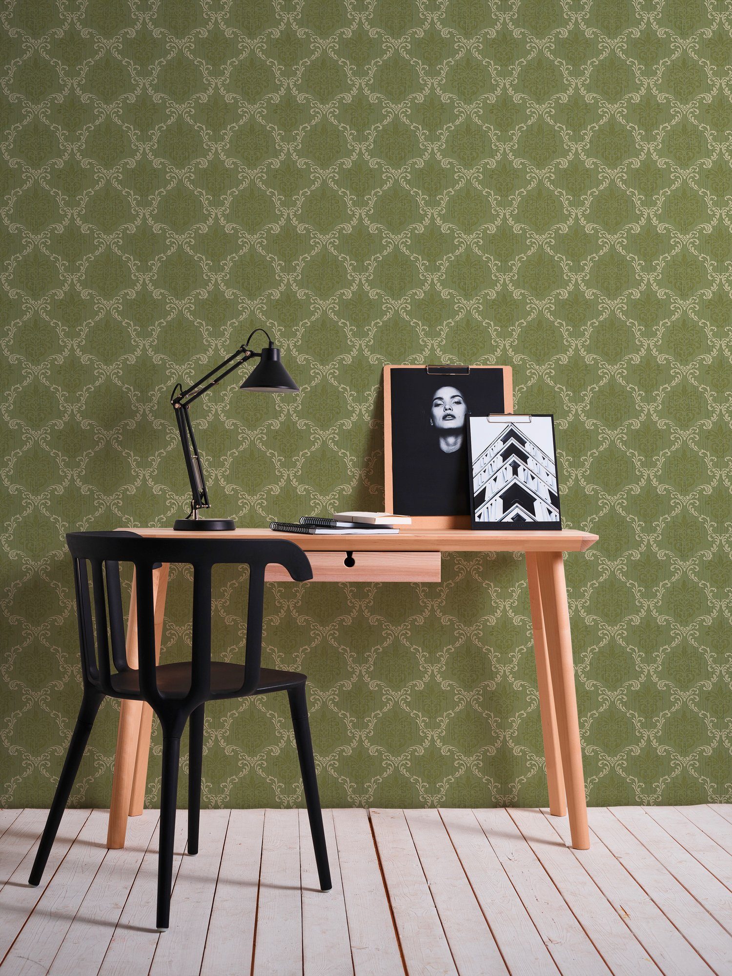Architects A.S. Textiltapete samtig, Paper Création Tessuto, Barock Barock, grün Tapete
