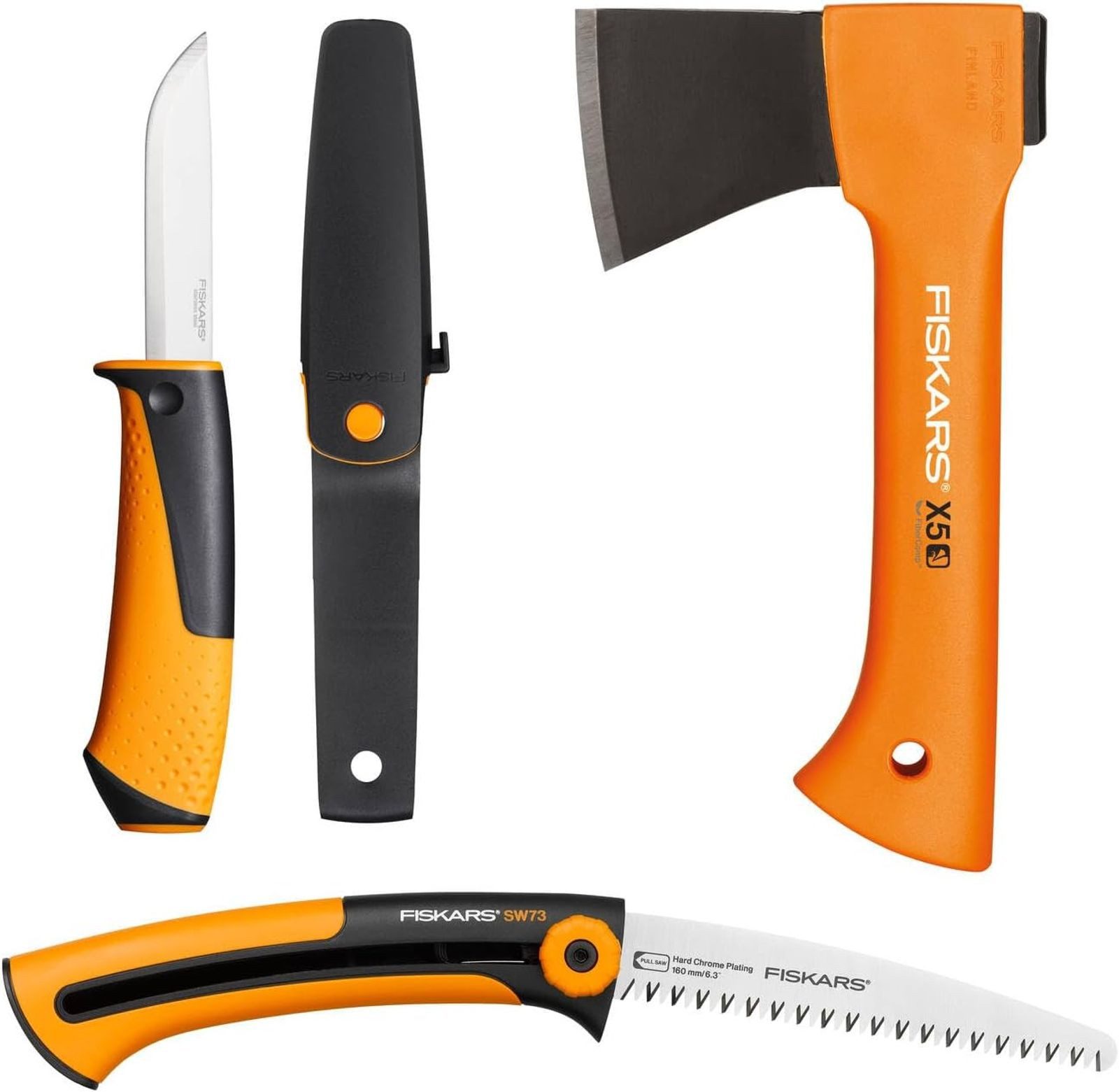 Fiskars Axt Fiskars Camping-Set Beil X5 Handsäge SW73 Messer Holster 3-teilig