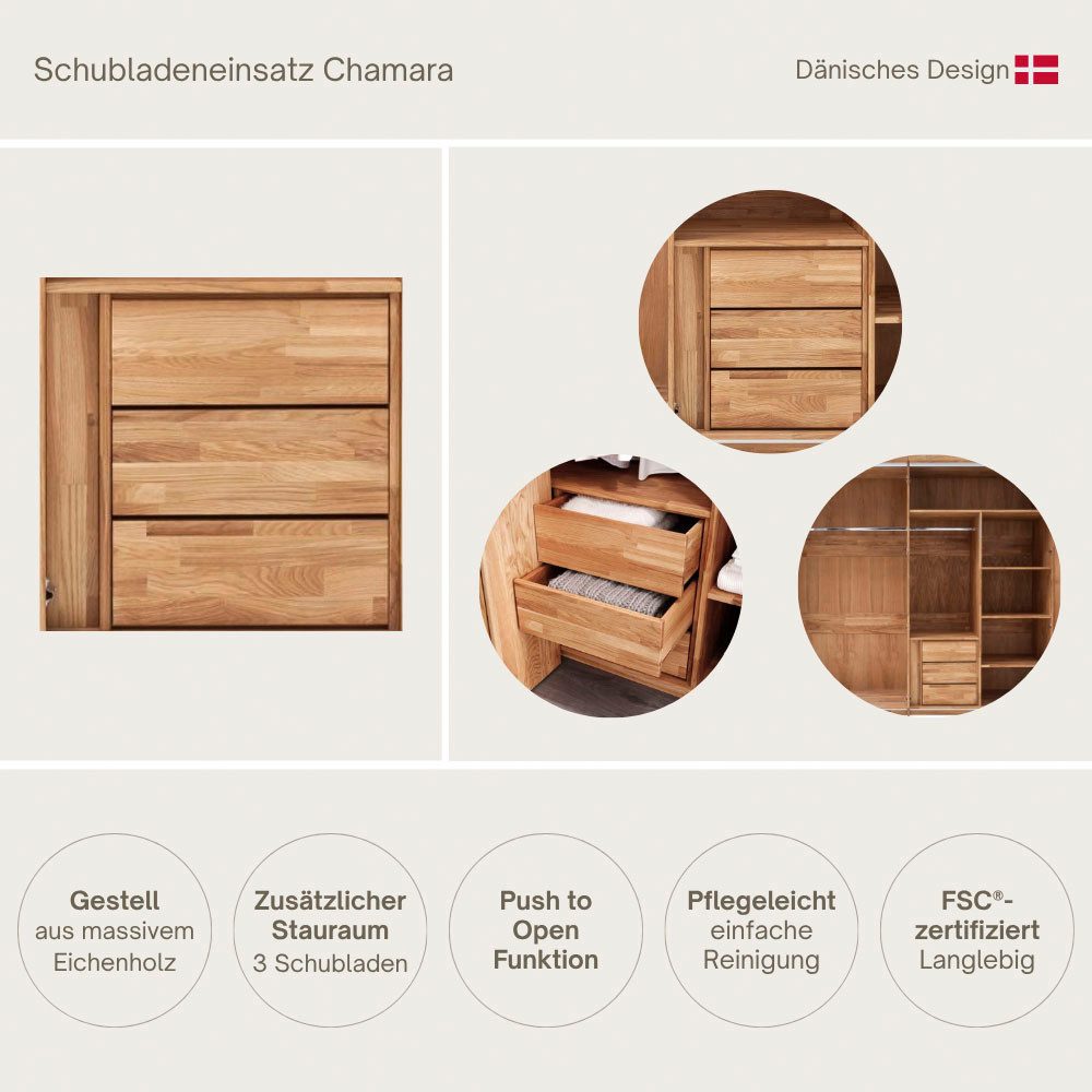 Home affaire Schubladeneinsatz Chamara, Für Schrank Chamara, Mit 3 Schubladen, Push-Funktion, Zusätzlicher Stauraum, aus massivem Eichenholz, Zeitloses Design