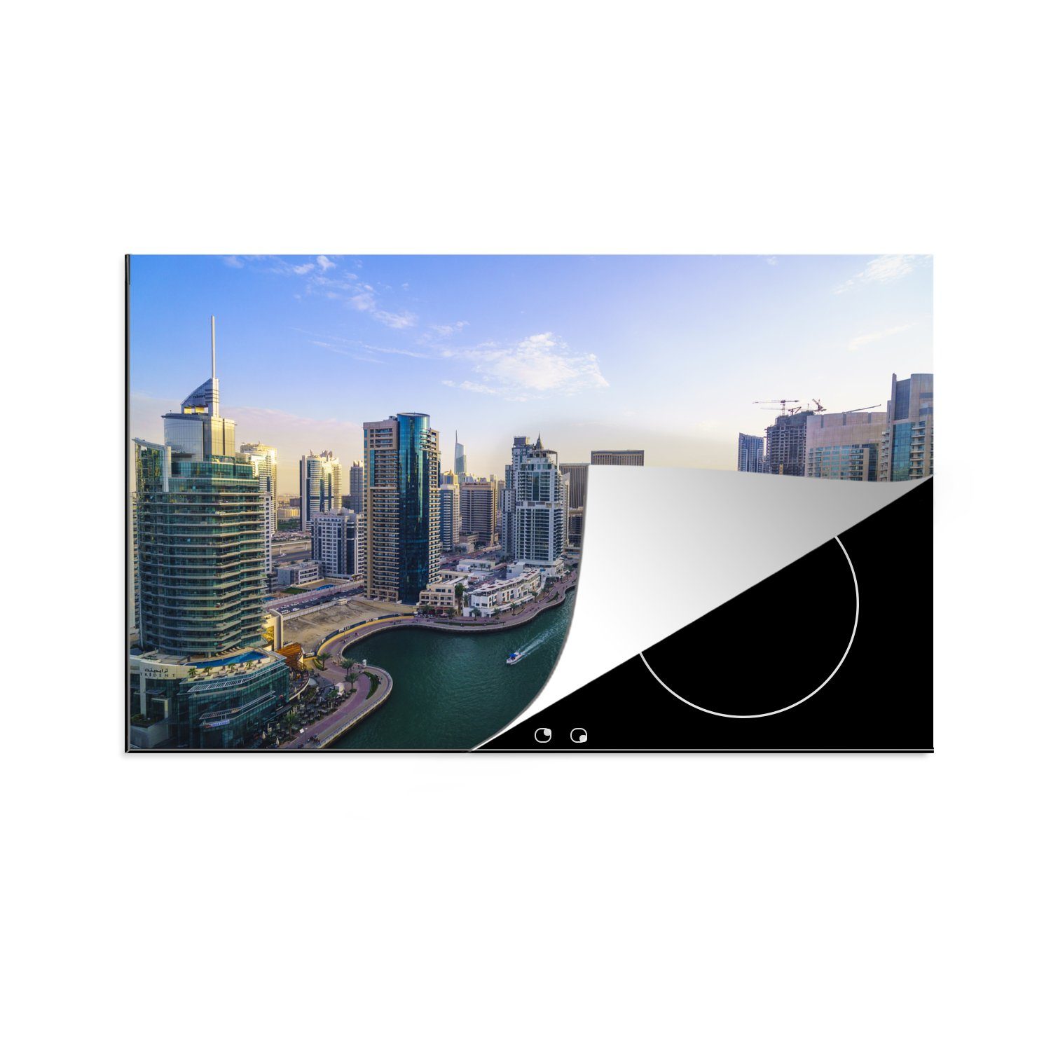 MuchoWow Herdblende-/Abdeckplatte Die Skyline von Dubai Marina bei Tag, Vinyl, (1 tlg), 81x52 cm, Induktionskochfeld Schutz für die küche, Ceranfeldabdeckung