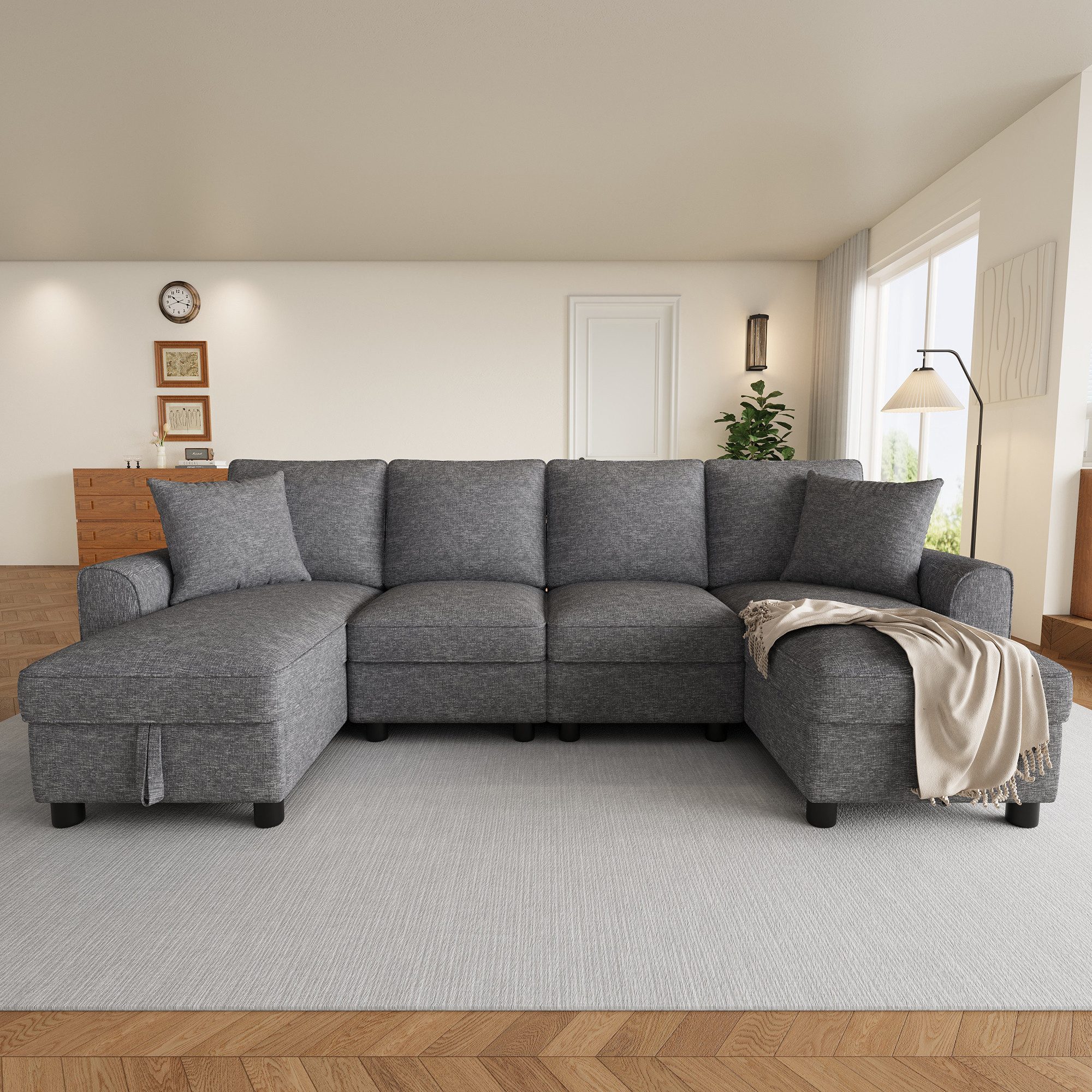 Ulife Sofa Modular-Ecksofa mit Stauraum in der Chaiselongue, multifunktional, U-Form Modell mit 2-Sitzer + zwei Chaiselongues, 280 × 137 × 84 cm