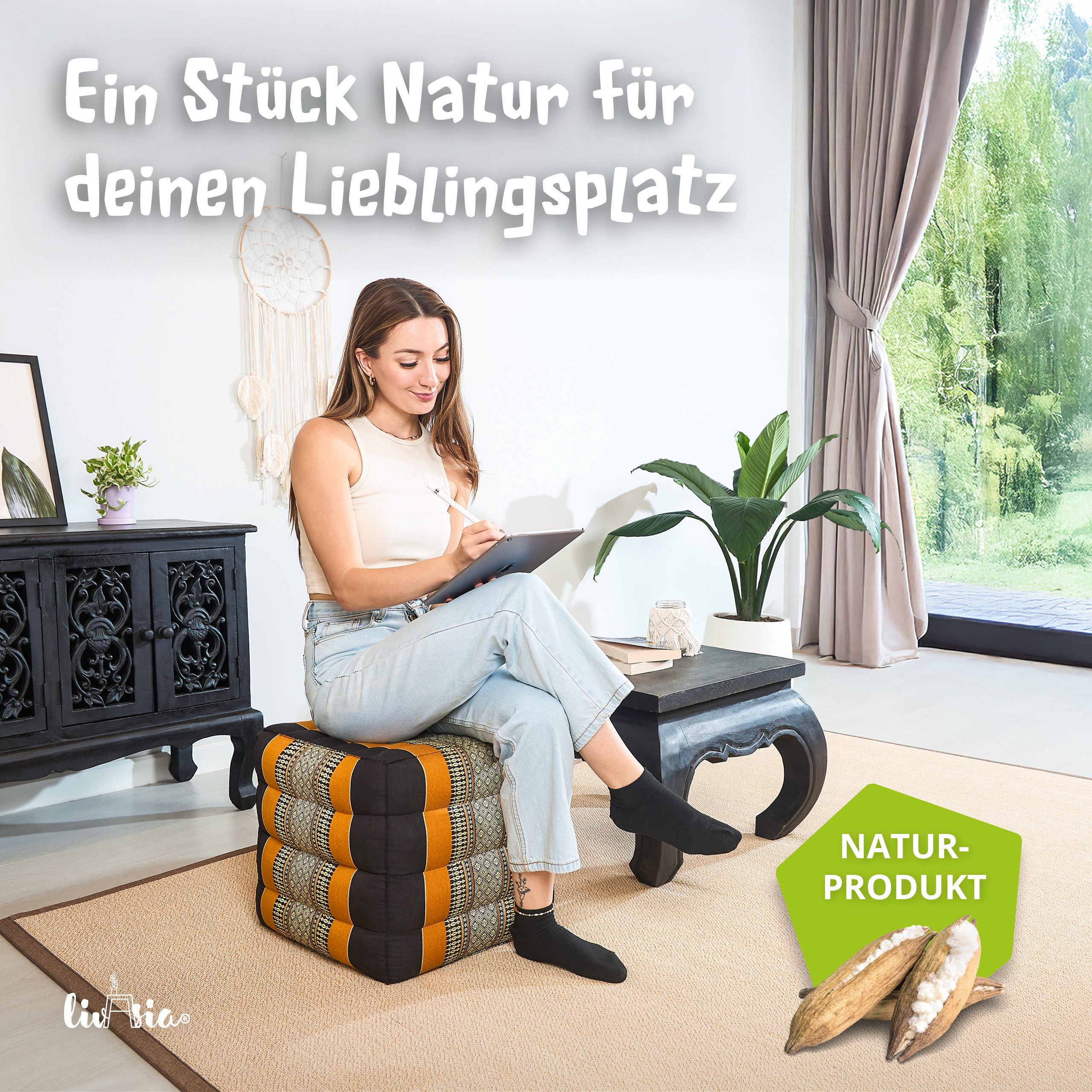 livasia Polsterhocker Würfelkissen - 40x40x40cm - Sitzwürfel, Kapok, vegan, handgefertigt