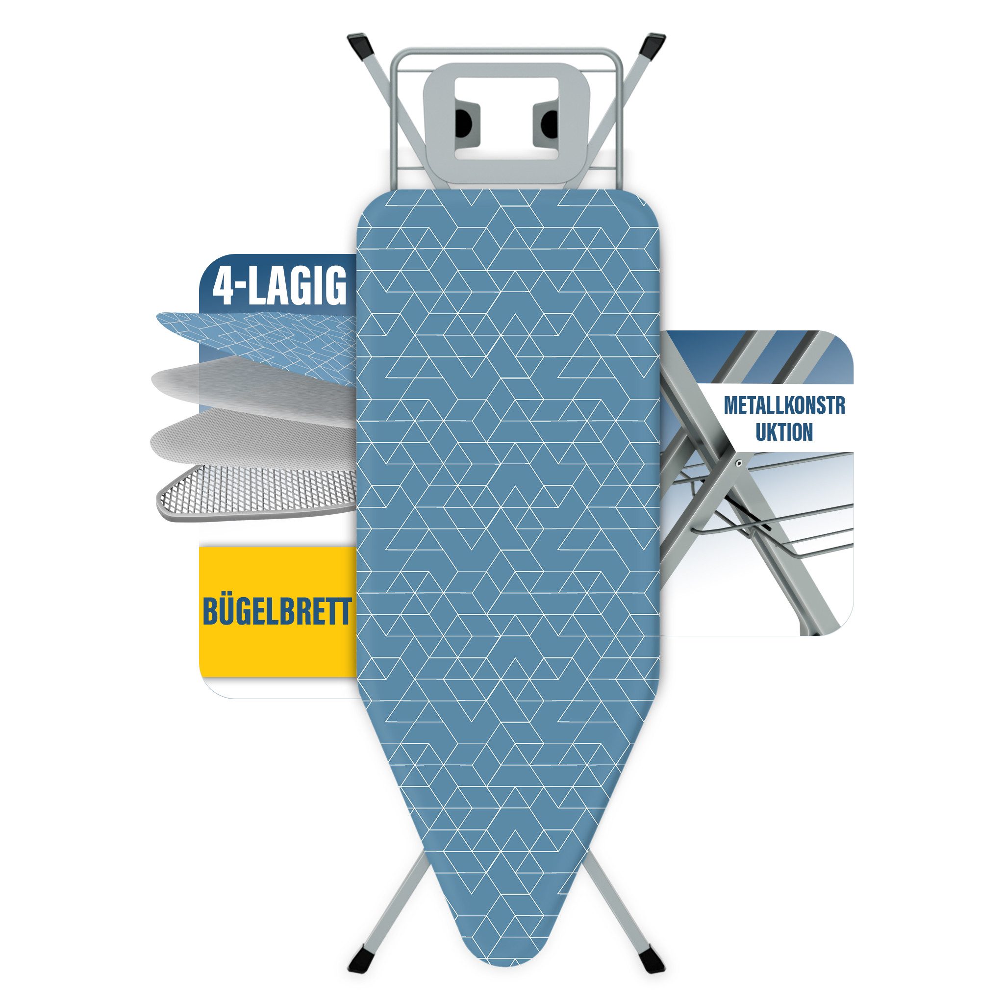 DEWINNER Bügelbrett XXL 120 × 45 cm klappbar höhenverstellbar, Bügelfläche 45x120 cm, Sicherheitsverschluss, Ablage f. Dampfbügeleisen