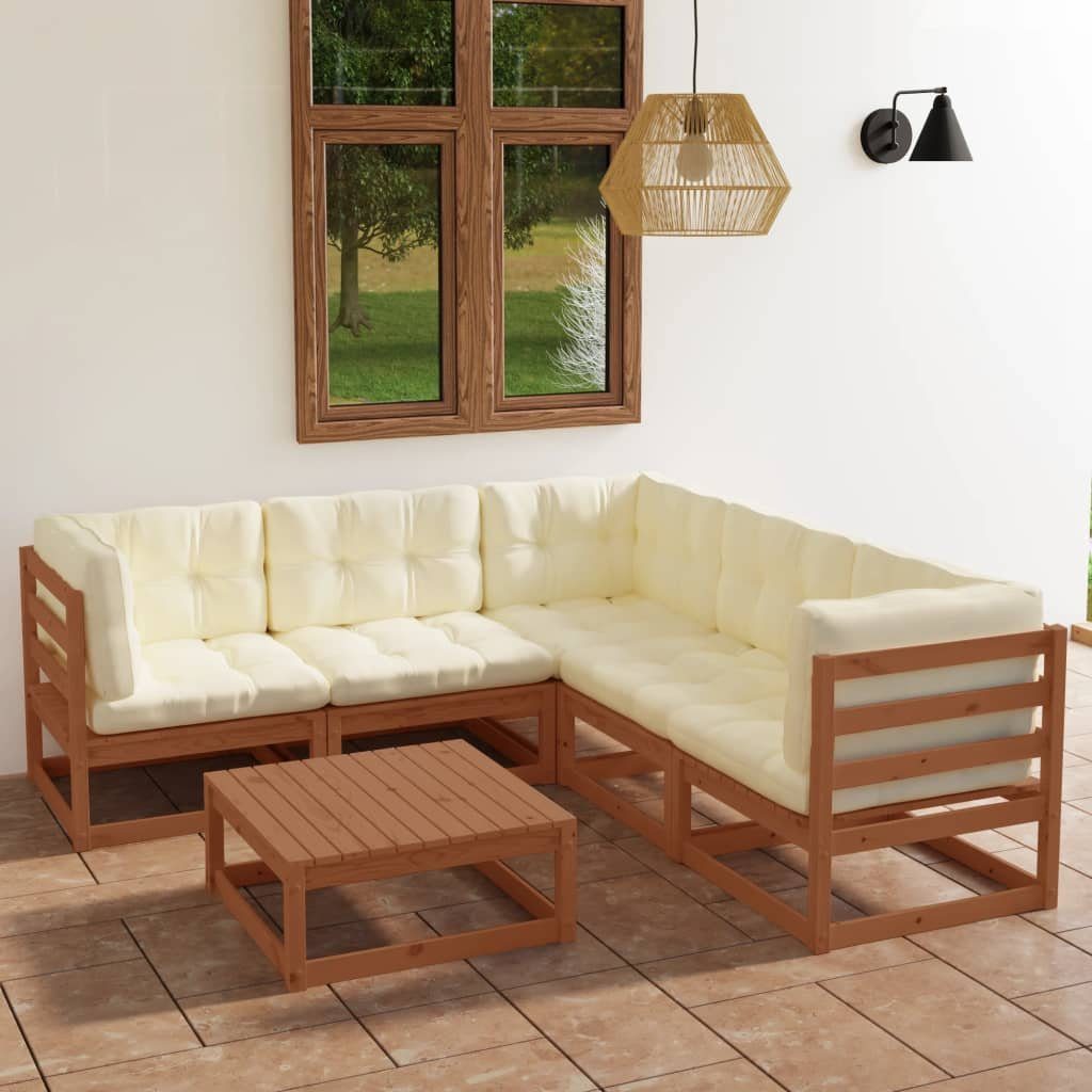 vidaXL Gartenlounge-Set 6-tlg. Garten-Lounge-Set mit Kissen Kiefer Massivholz, (1-tlg) Honigbraun