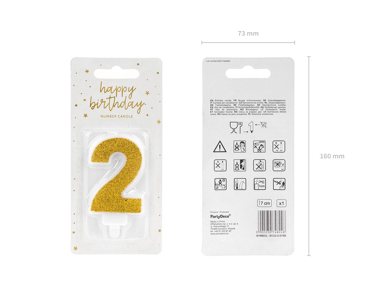 partydeco Geburtstagskerze, Geburtstagskerze Zahl 2 mit Glitzer 7cm gold günstig online kaufen