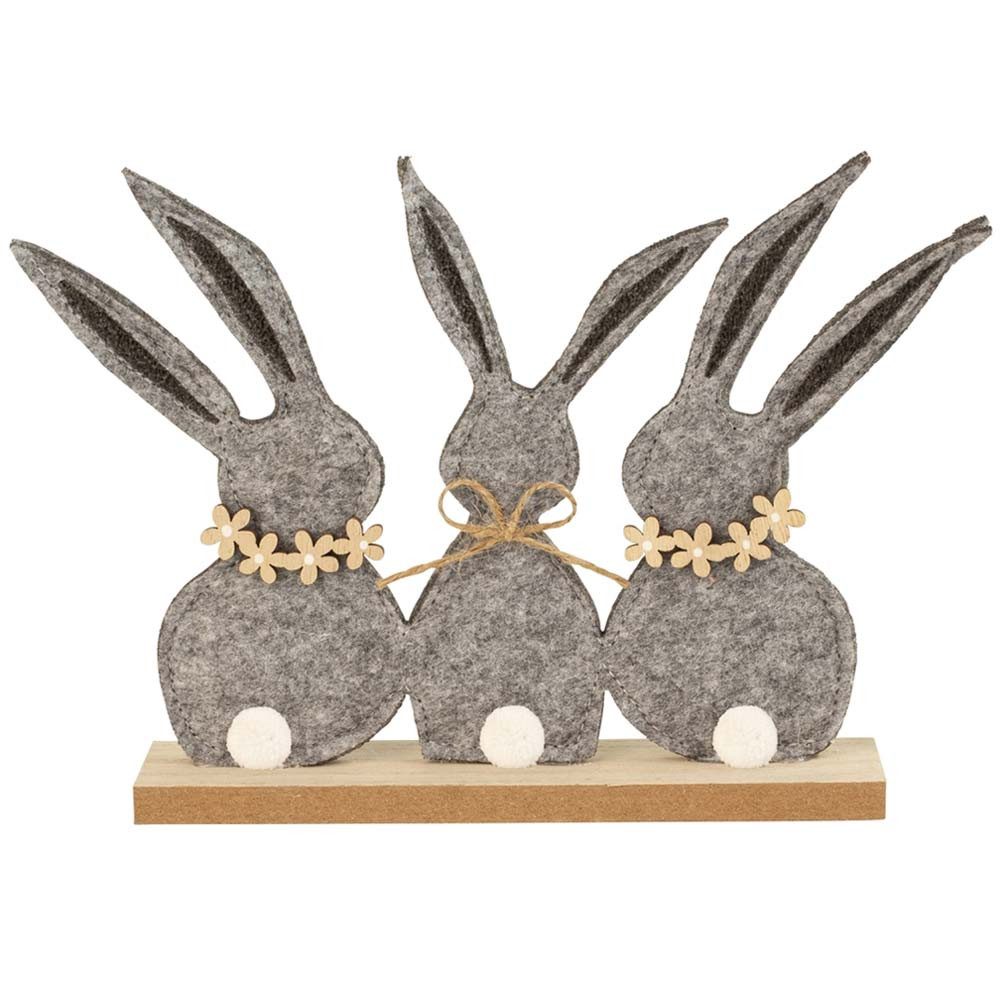 Mel-O-Design Osterhase Osterhasenfigur 3er Hasenbande auf Holzsockel schön dekoriert (süßes Hasen Trio Höhe: 15 cm, Osterdeko, Frühlingsdekoration), Kleines Ostergeschenk