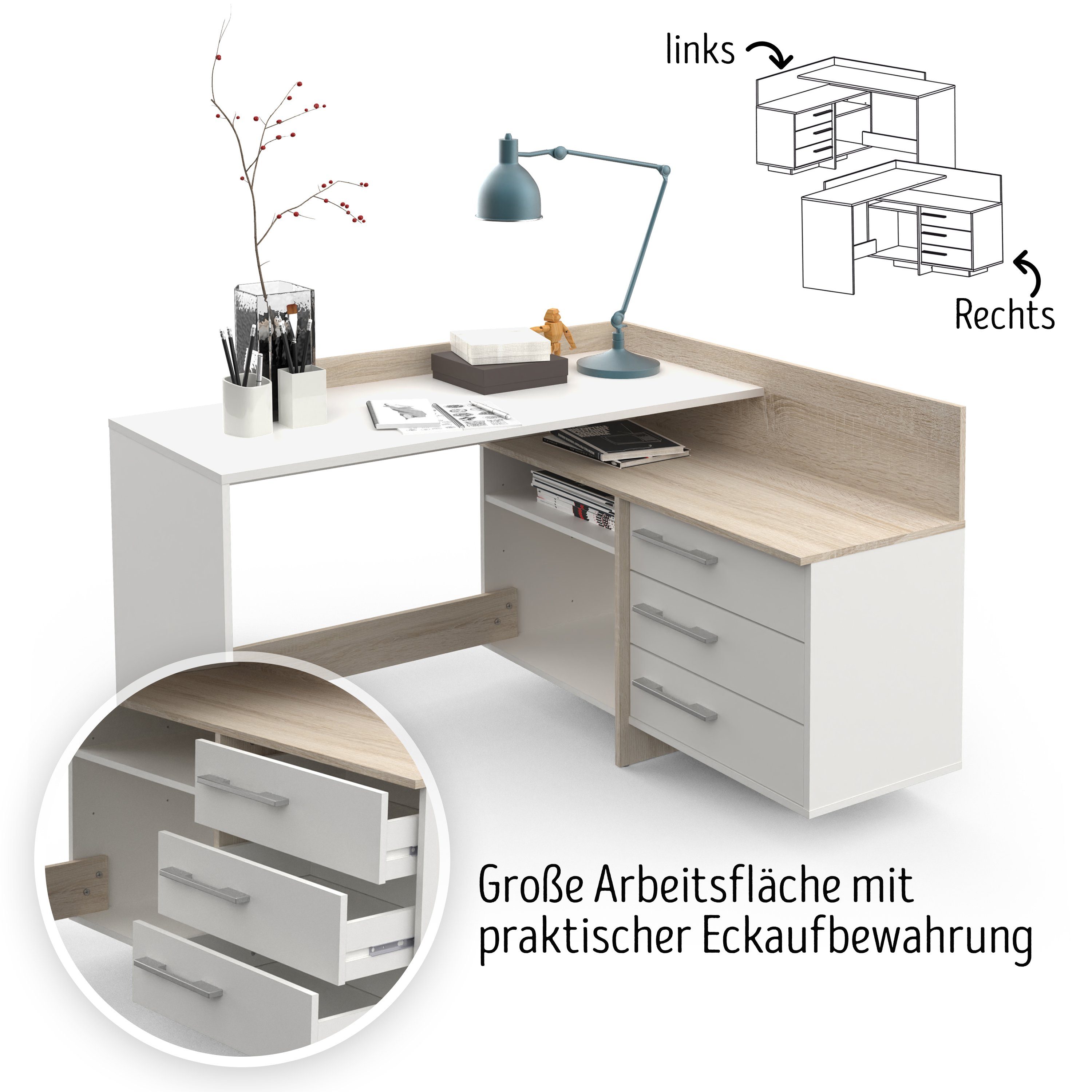 habeig Eckschreibtisch Eck-Schreibtisch #881 Eiche weiß Computertisch PC-Ti günstig online kaufen