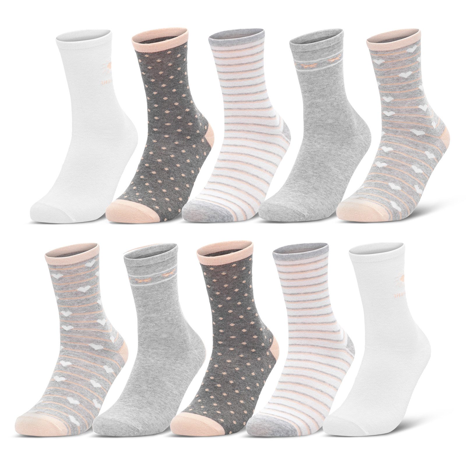 sockenkauf24 Basicsocken 10 Paar Damen Socken Mehrfarbig Streifen Punkte (34911/2, 35-38) Herzen Maritim Baumwolle