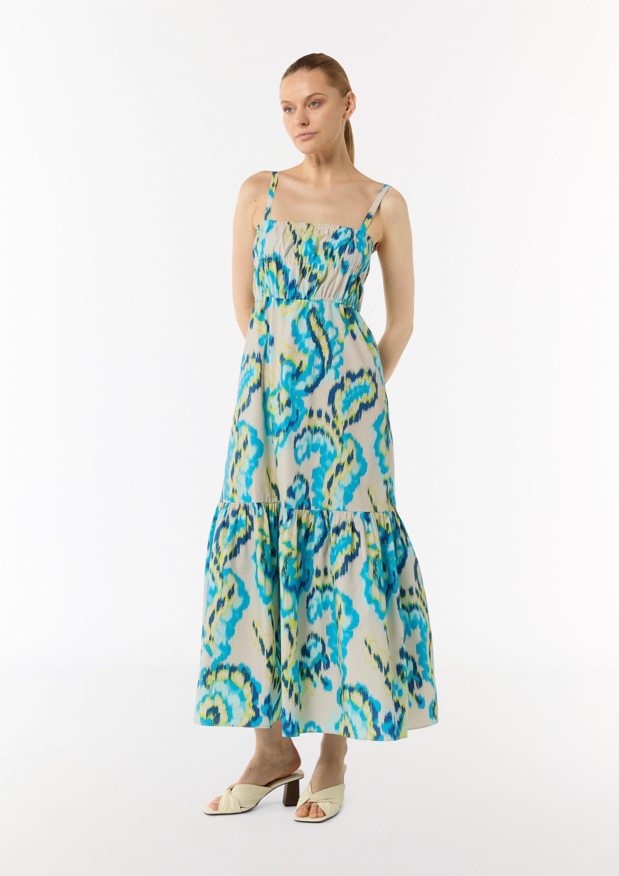 comma Maxikleid Kleid Luftiges Baumwollkleid in Maxi-Länge mit Smok-Detail