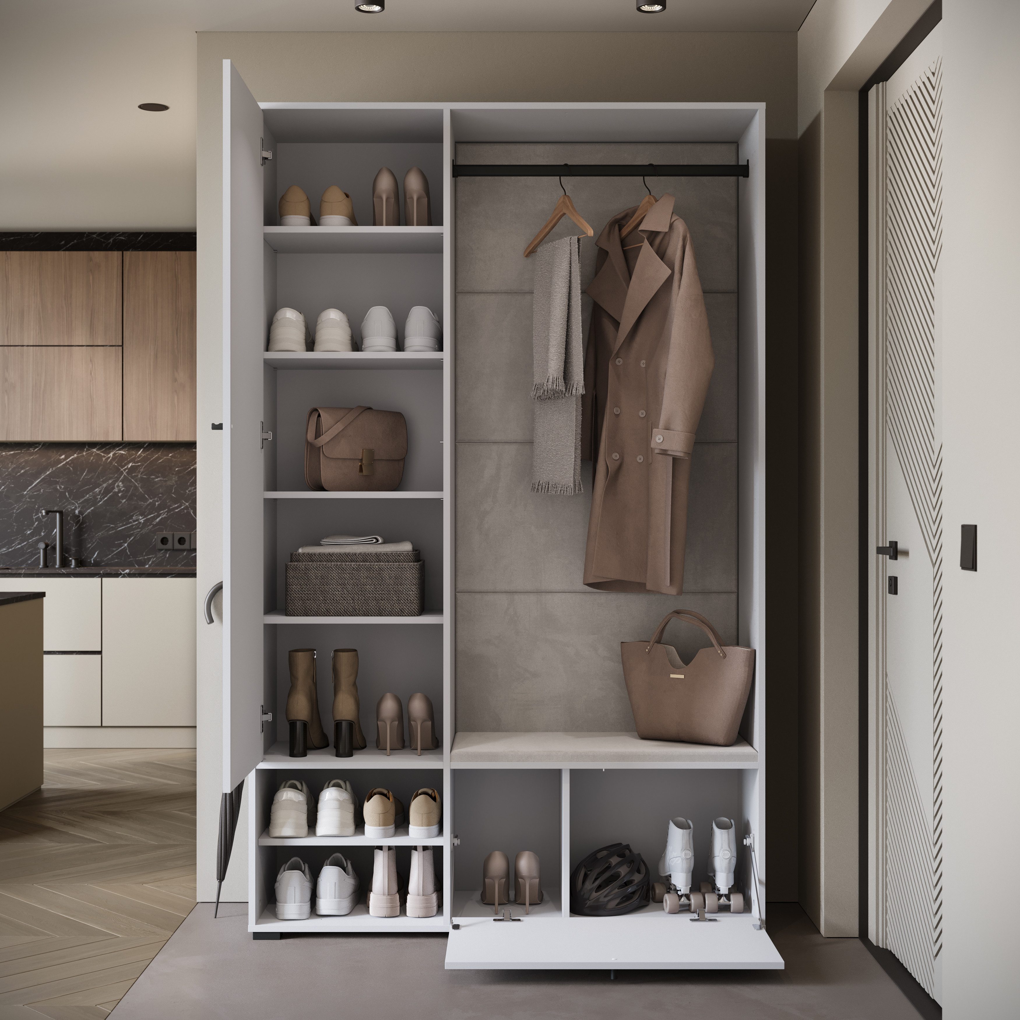 Home affaire Garderoben-Set Garderobe mit Spiegel, Sitzbank und Kleiderstange, (1-St), Schuhschrank mit viel Stauraum und verstellbaren Einlegeböden – Bild 5 von 5