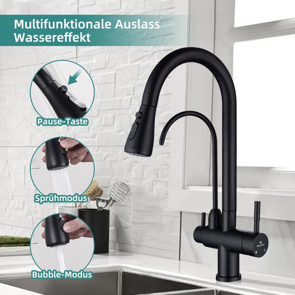HOMELODY Küchenarmatur 3 Wege Wasserhahn Küche Trinkwasserhahn mit Ausziehbarer Brause 360°-Drehbar 3-in-1 Spültischarmatur Schwarz 2 Griffe