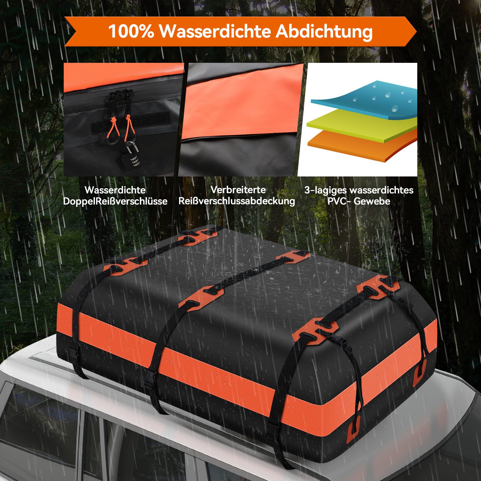 Puluomis Dachbox Auto 600L Faltbare Wasserdicht, mit 6 Türhaken, 8 verstärkten Riemen, (Dachtasche Dachgepäcktasche Dachkoffer Aufbewahrungsbox), für Autos mit/ohne Gepäckträger, Vans, SUVs