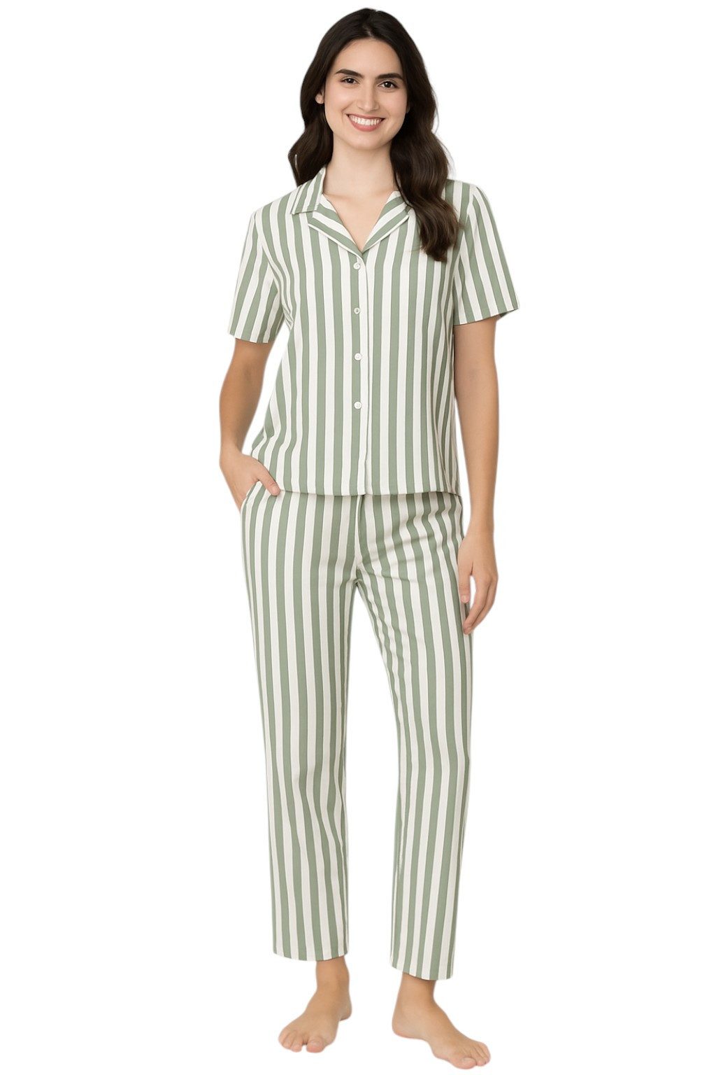 fashionshowcase Schlafanzug Damen Pyjama – Hausanzug grün weiß gestreift kurzarm mit Knopfleiste (2 tlg., 2-teiliges Set) luftiger Schnitt, angenehm weich & atm – Bild 3 von 3
