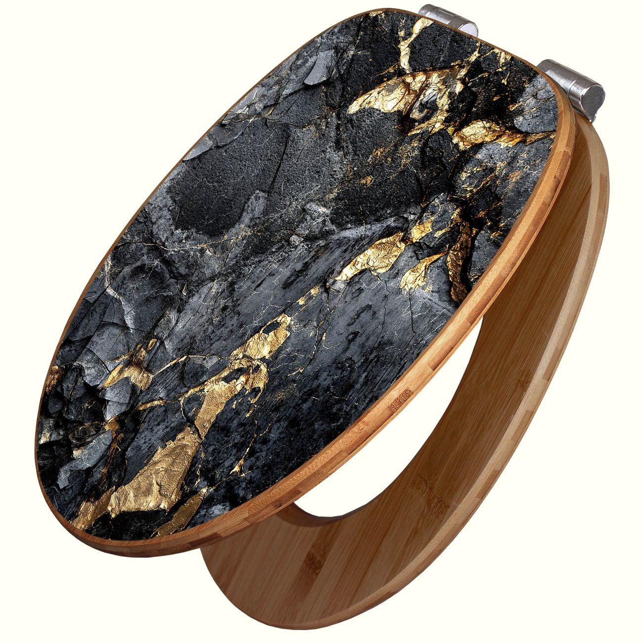 banjado WC-Sitz aus Bambus mit Absenkautomatik Motiv Schwarzer Marmor mit Gold 1 (umweltfreundliches Material, integrierte Absenkautomatik), 45,8 x 37,5 x 5 cm