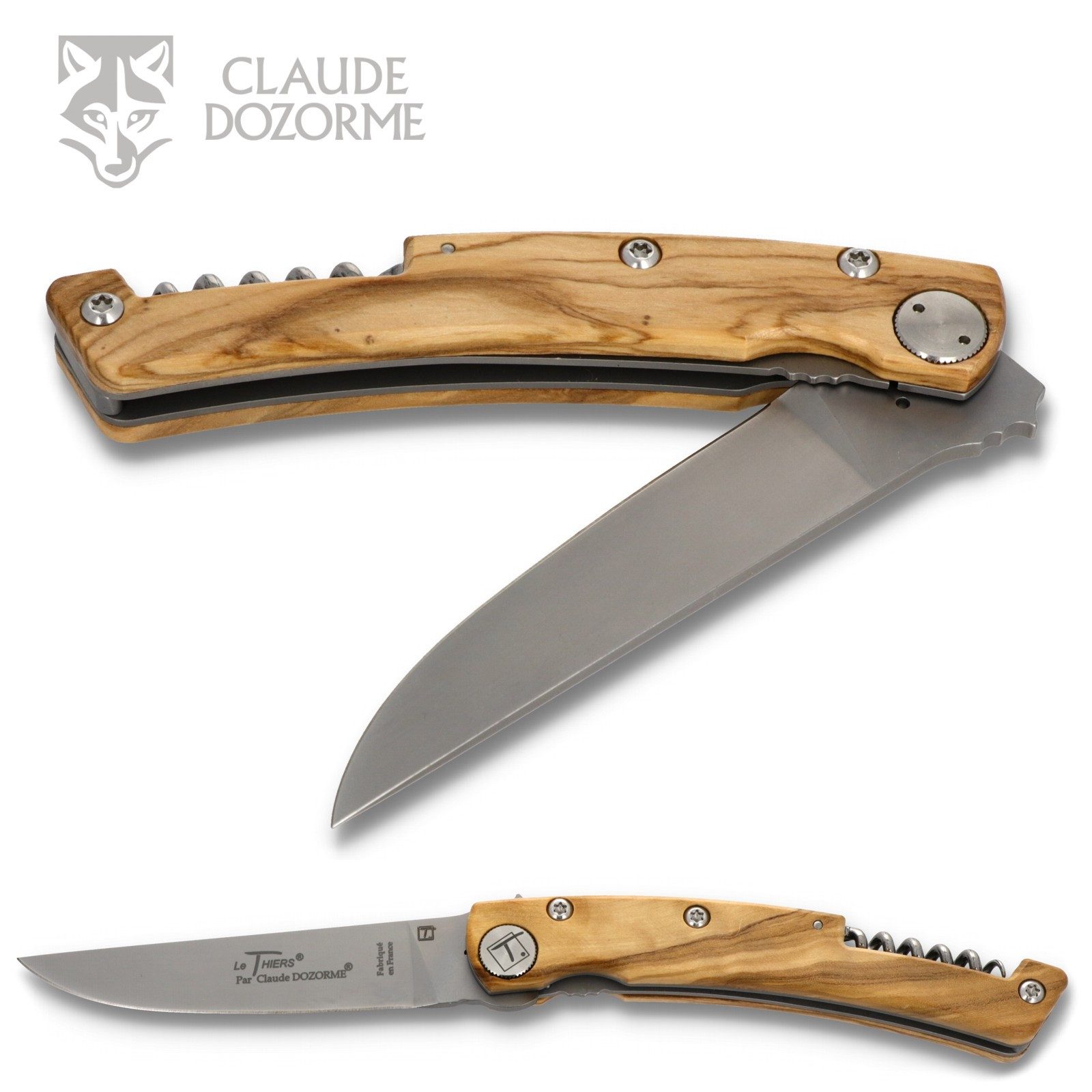 Claude Dozorme Taschenmesser 1.90.129.89L, Le Thiers - Griff 12cm Olive - Korkenzieher - Liner Lock - Stahl matt