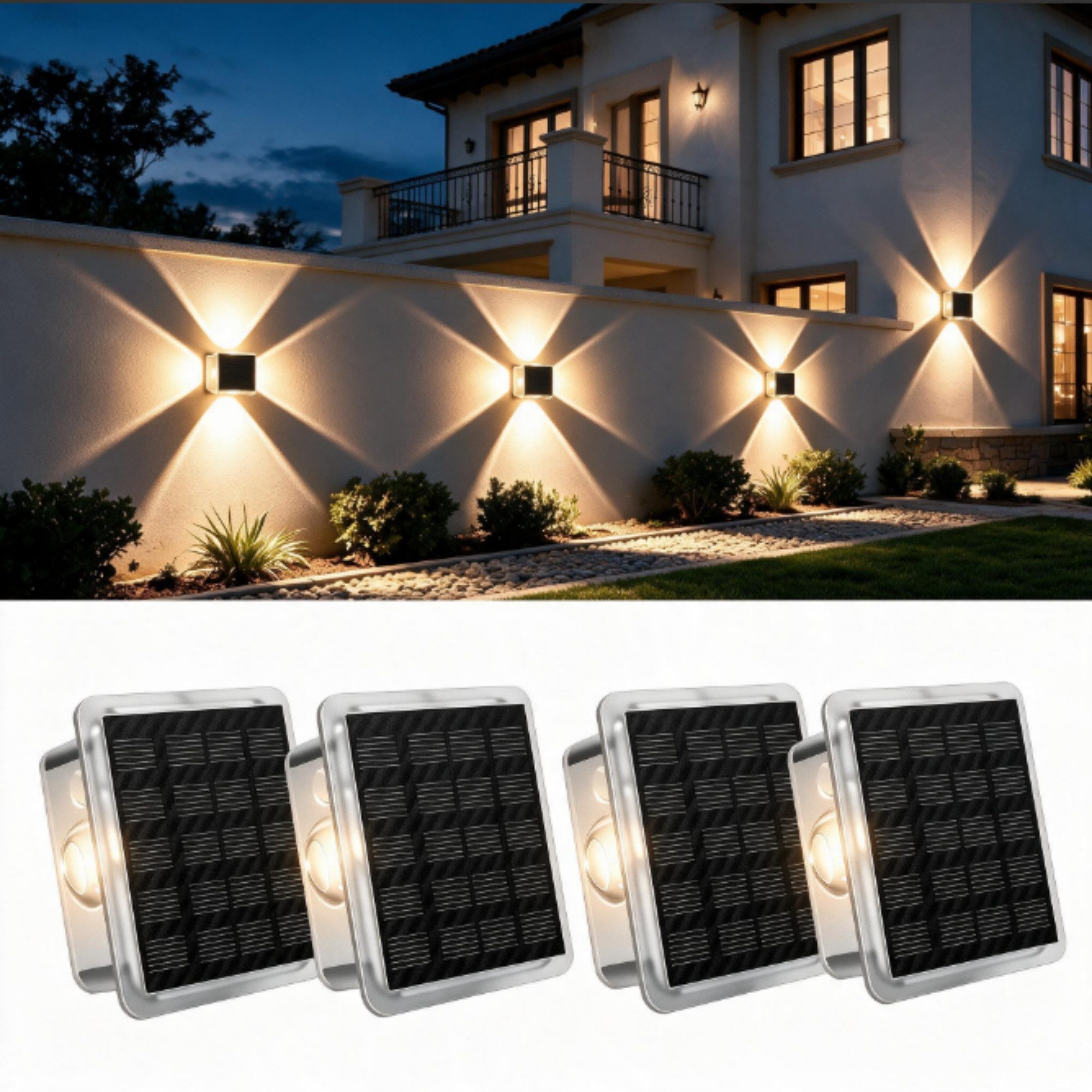 Vornix LED Außen-Wandleuchte Solar nfür, Up and Down Solarlampen für Außen Wand, 2/4 Stück, IP66 Wasserdicht, 4 LEDs, 9 Farbmodi Solarleuchten für Garten Hof Terrassen Balkone Veranden