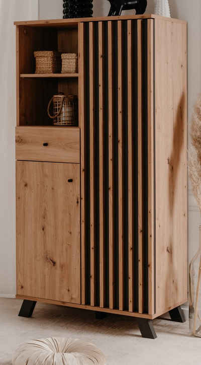 Finori Highboard Madem (Schrank in Artisan Eiche Dekor, 80 x 156 cm), mit Holzlamellen