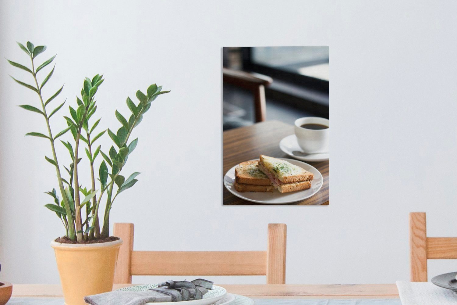 bespannt Gemälde, Leinwandbild Zackenaufhänger, zum cm OneMillionCanvasses® Kaffee 20x30 (1 inkl. fertig Leinwandbild Frühstück, St), mit Toast