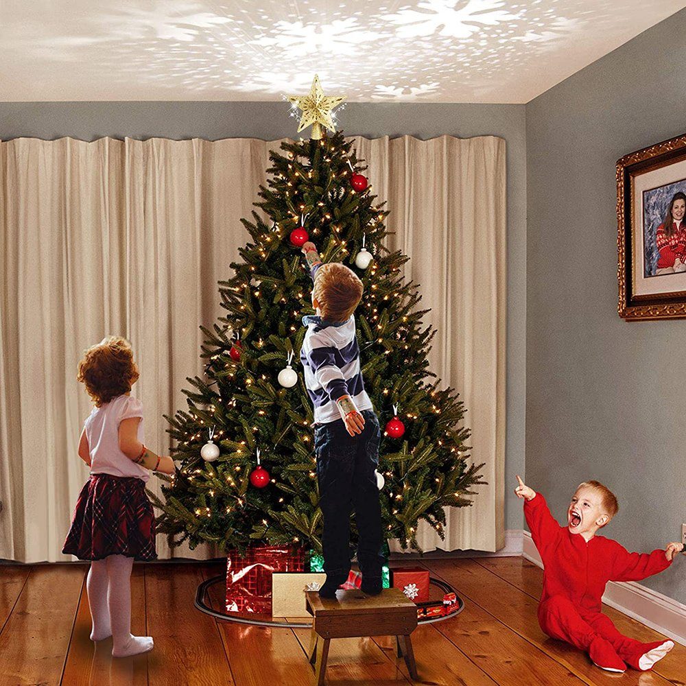 Jibenhome Christbaumspitze Schneeflockenprojektor Stern Baumspitze Christbaumspitze, Stecker, Schneeflocken-Projektionslampe für Tannenbaum Weihnachtsbaumschmuc – Bild 5 von 5