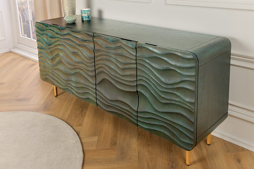 riess-ambiente Sideboard WAVE 160cm türkis / gold (Einzelartikel, 1 St), Wohnzimmer · Massivholz · Metall · Kommode · Retro Design
