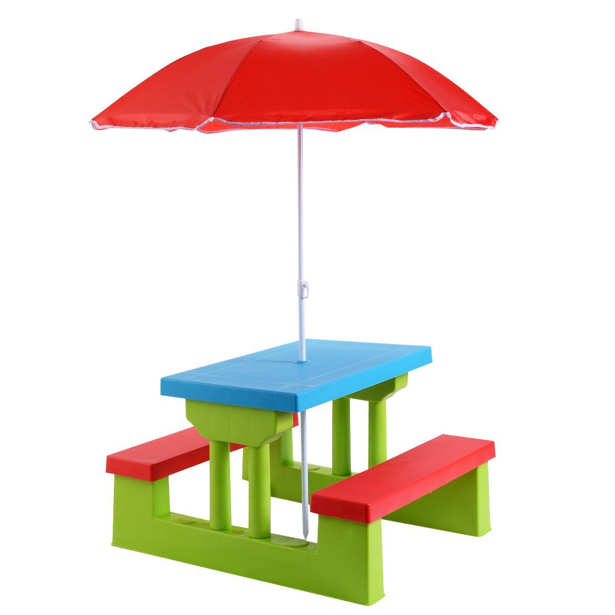 COSTWAY Kindersitzgruppe Sitzgarnitur, Kindertisch, mit Sonnenschirm Rot+Blau+Grün