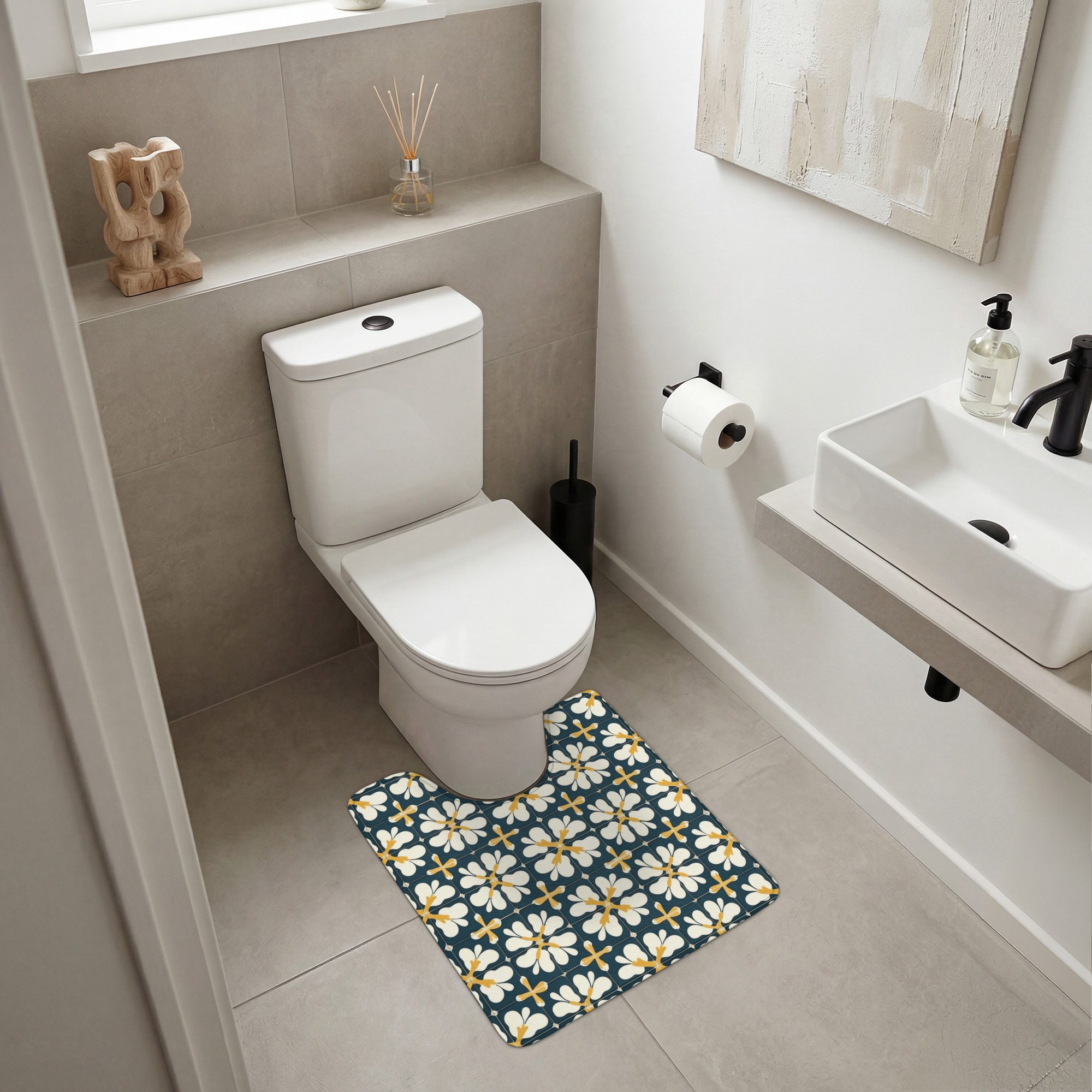 OnlyWow WC-Vorleger Motiv - Fliese - Ockergelb, Höhe 10 mm, Polyester, U-Form, Vorleger mit Ausschnitt, Toilettenvorleger, Toilettenteppich