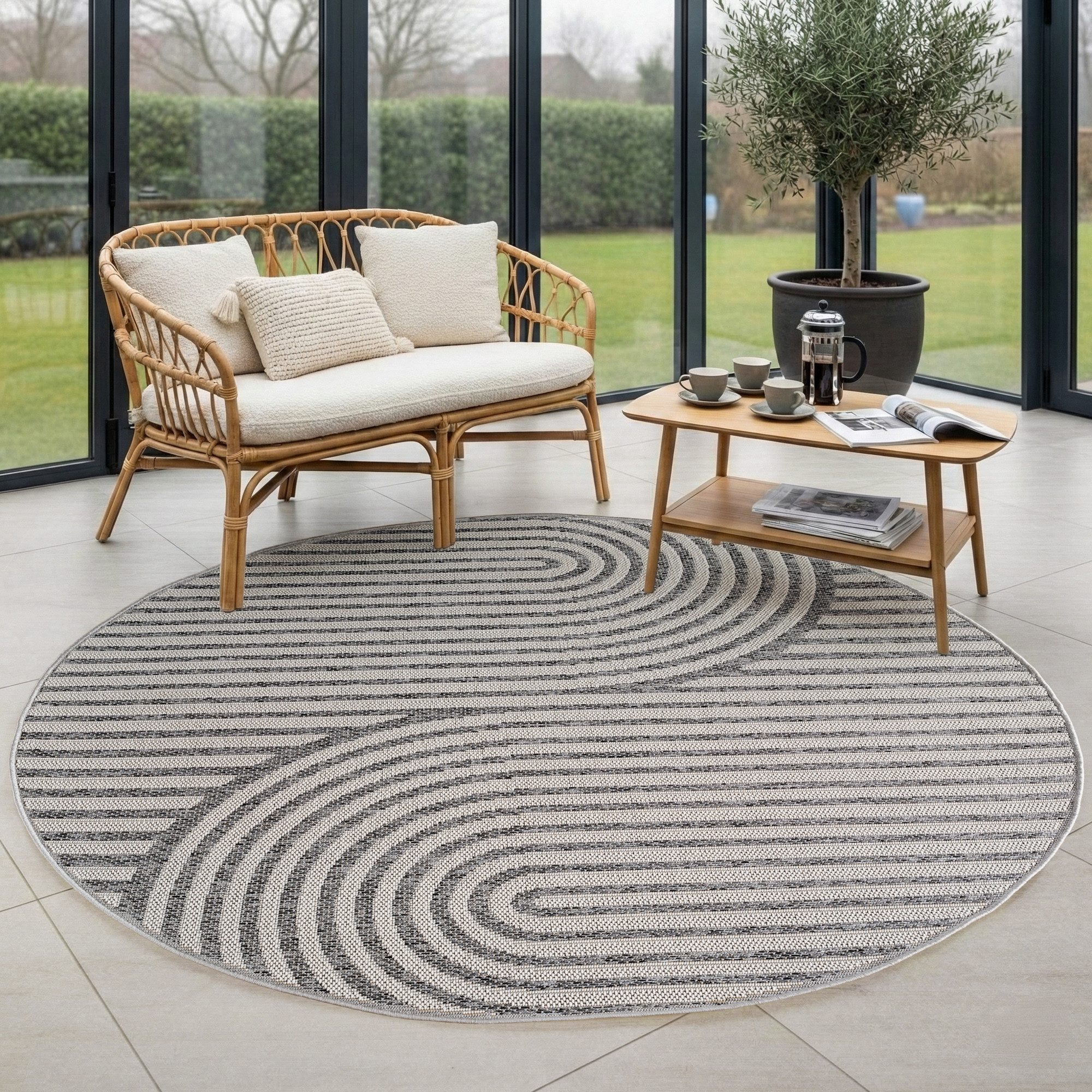 Carpettex Outdoorteppich Boho Flachgewebter Teppich, Rund, Höhe: 5 mm, Outdoor Teppich Wetterfest Modern Design Wohnzimmer Küchen Terrasse