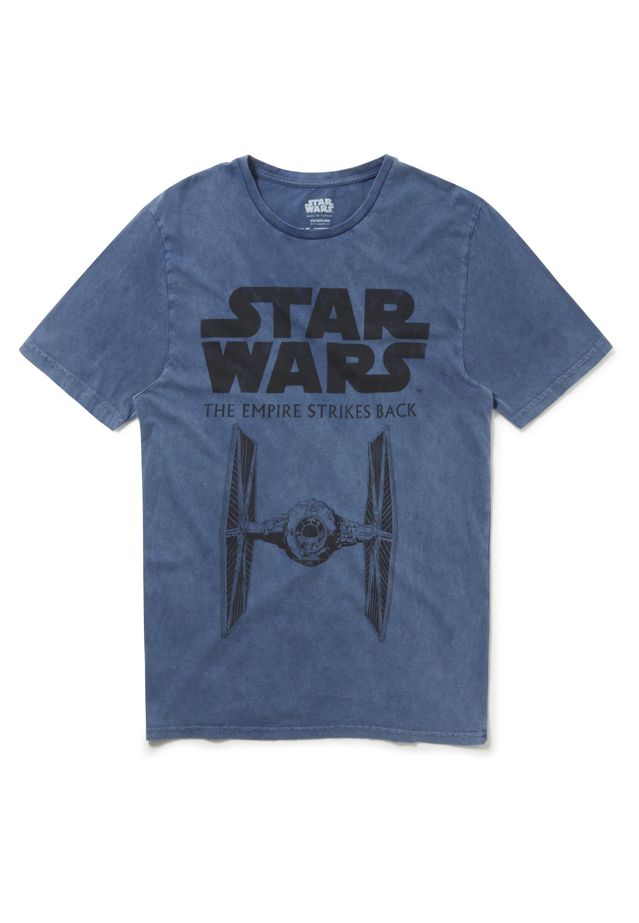 Washed GOTS Wars zertifizierte Strikes Back Star Tie Recovered T-Shirt Empire Bio-Baumwolle Fighter Blue