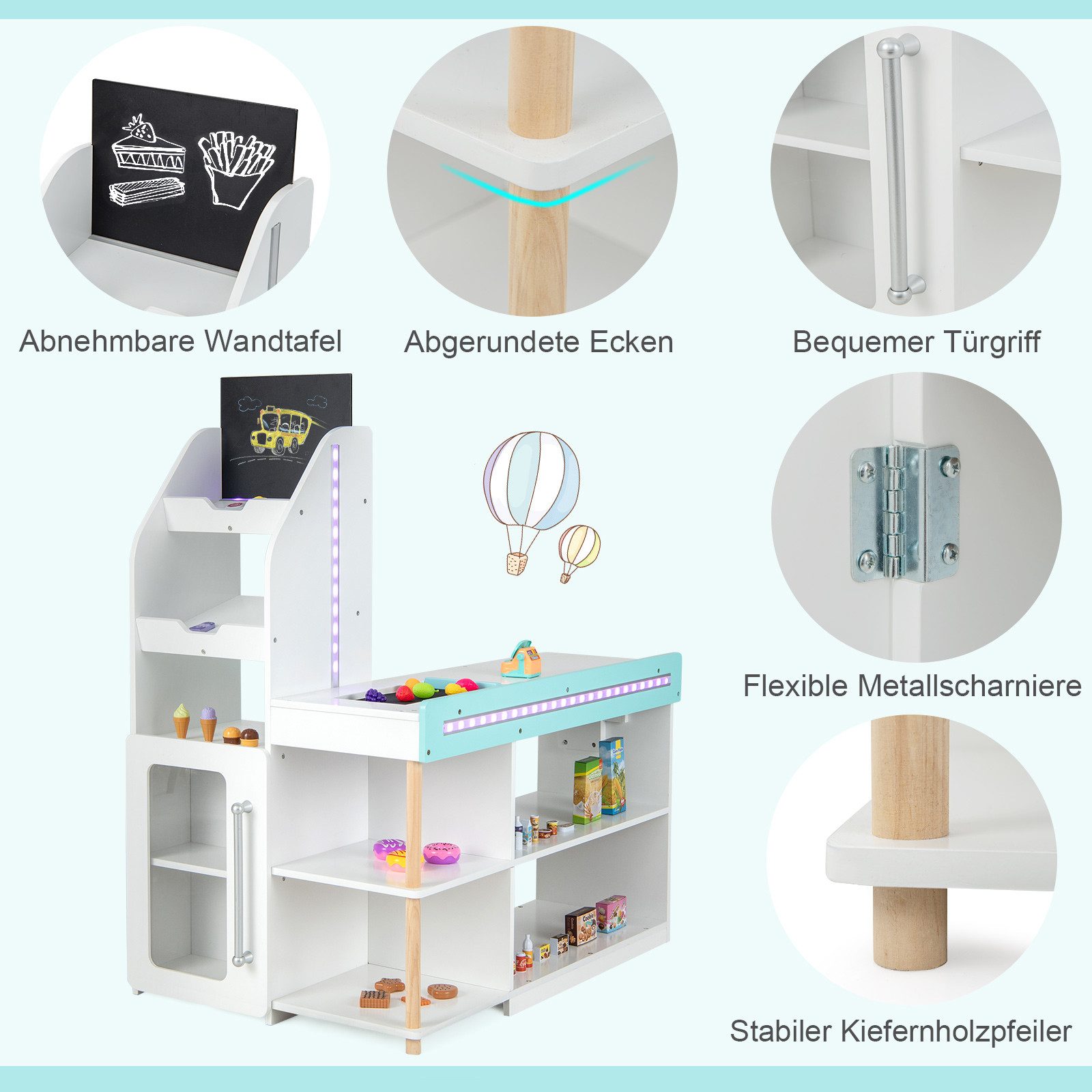 COSTWAY Kaufladen, Supermarkt mit LED-Lichter, aus Holz