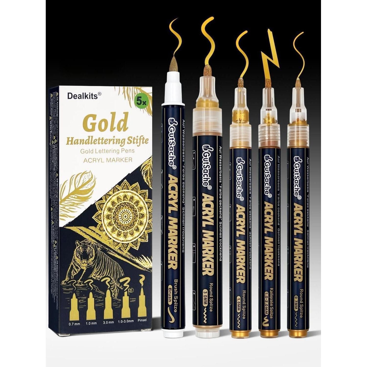 LuxusKollektion Lackmarker Acrylstifte Gold 5er Set mit Kalligrafie Spitzen