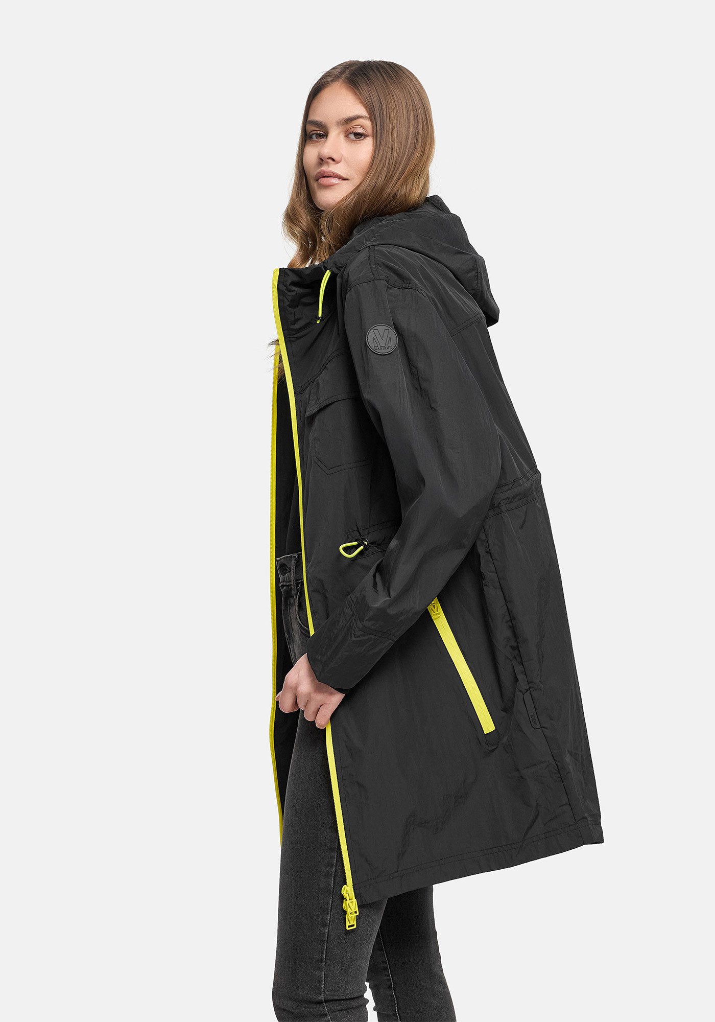 Marikoo Outdoorjacke Trüffelbonbon Langer Windbreaker mit Kordelzug und Kontrastreißverschluss