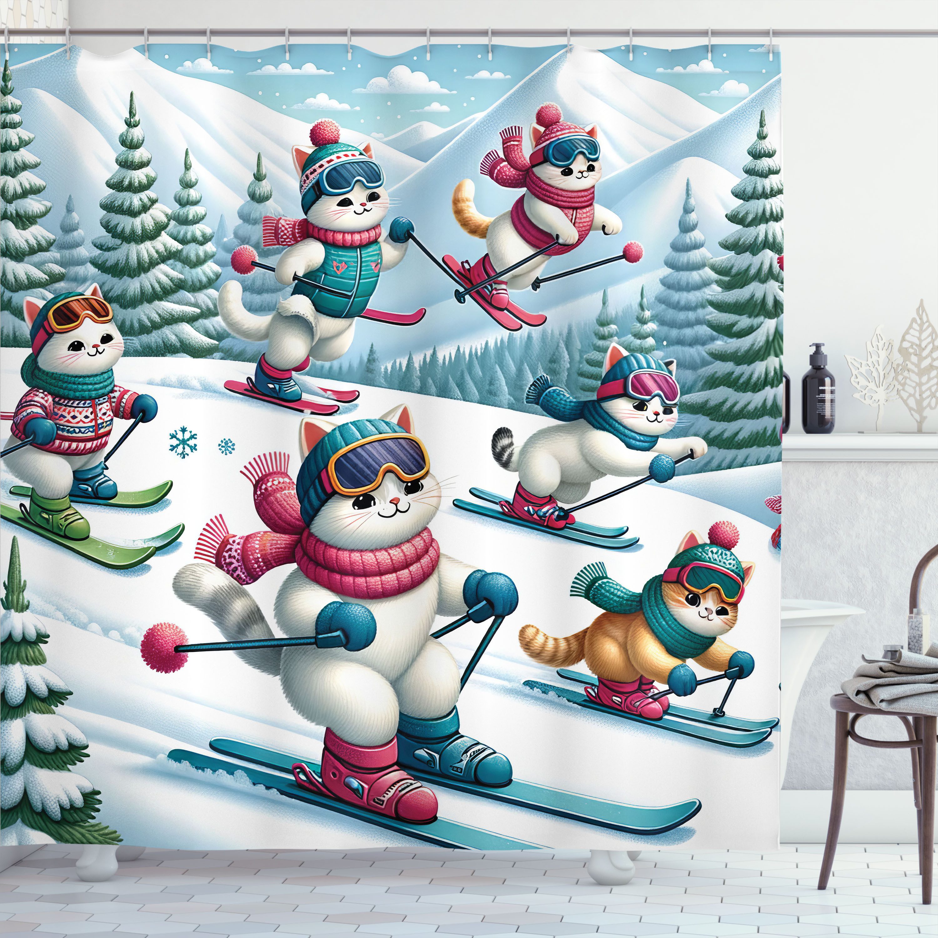 Abakuhaus Duschvorhang Moderner Digitaldruck mit 12 Haken auf Stoff Wasser Resistent Breite 175 cm, Höhe 180 cm, Katze Verspielte Cartoon-Skifahrende Kätzchen