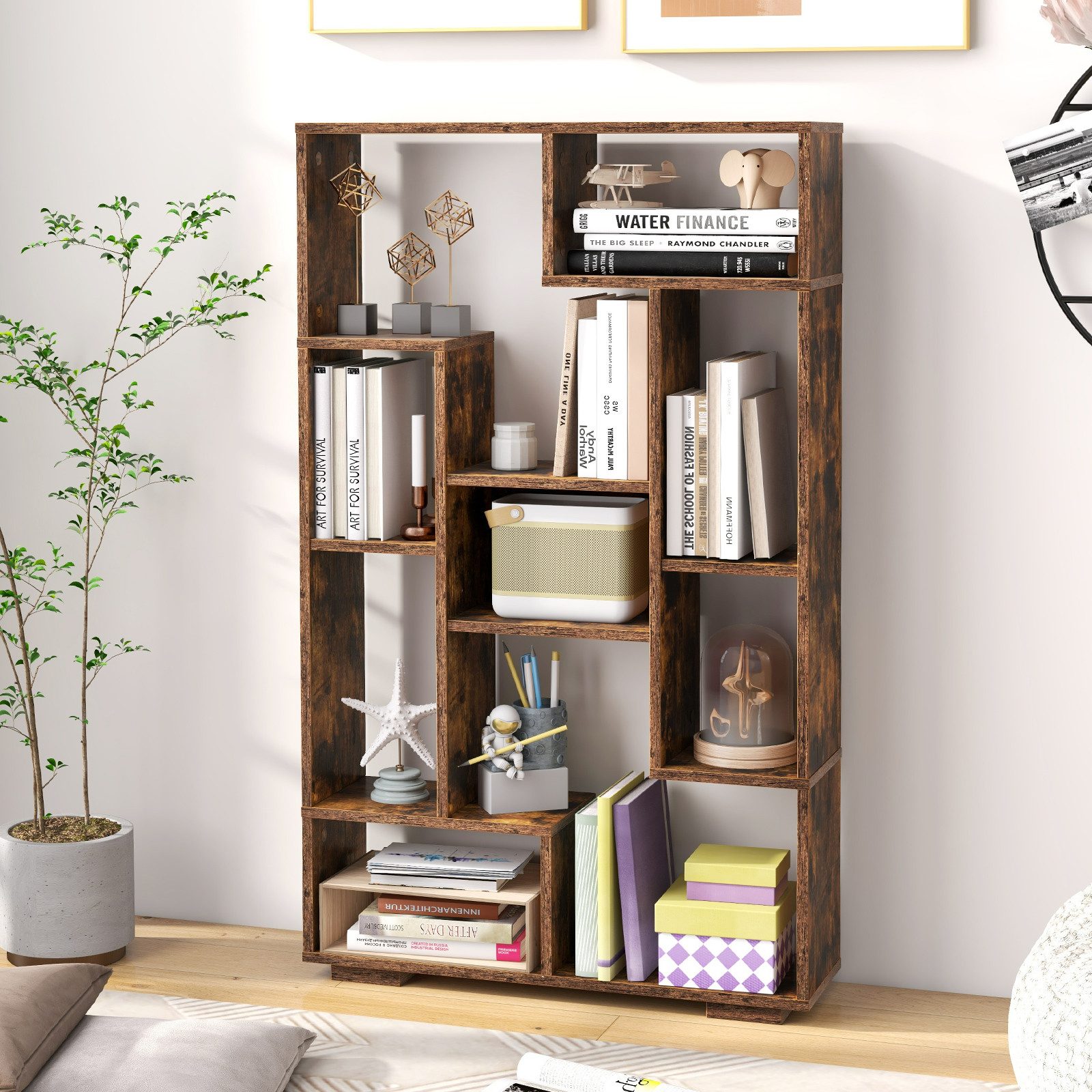 COSTWAY Bücherregal, Holz mit 9 Fächern, Raumteiler geometrisch, 70x20x120cm