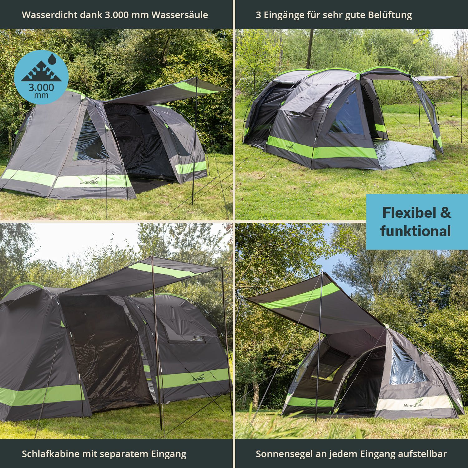 Skandika Tunnelzelt Kambo 4 Familienzelt mit dunkler Schlafkabine, Tragetasche, 3 Eingänge, Personen: 4 (Separater Eingang zur Schlafkabine, Haken für Lampenaufhängung), Wasserdicht, 3000 Wassersäule, Moskitonetz an Schlafkabine und Fenster