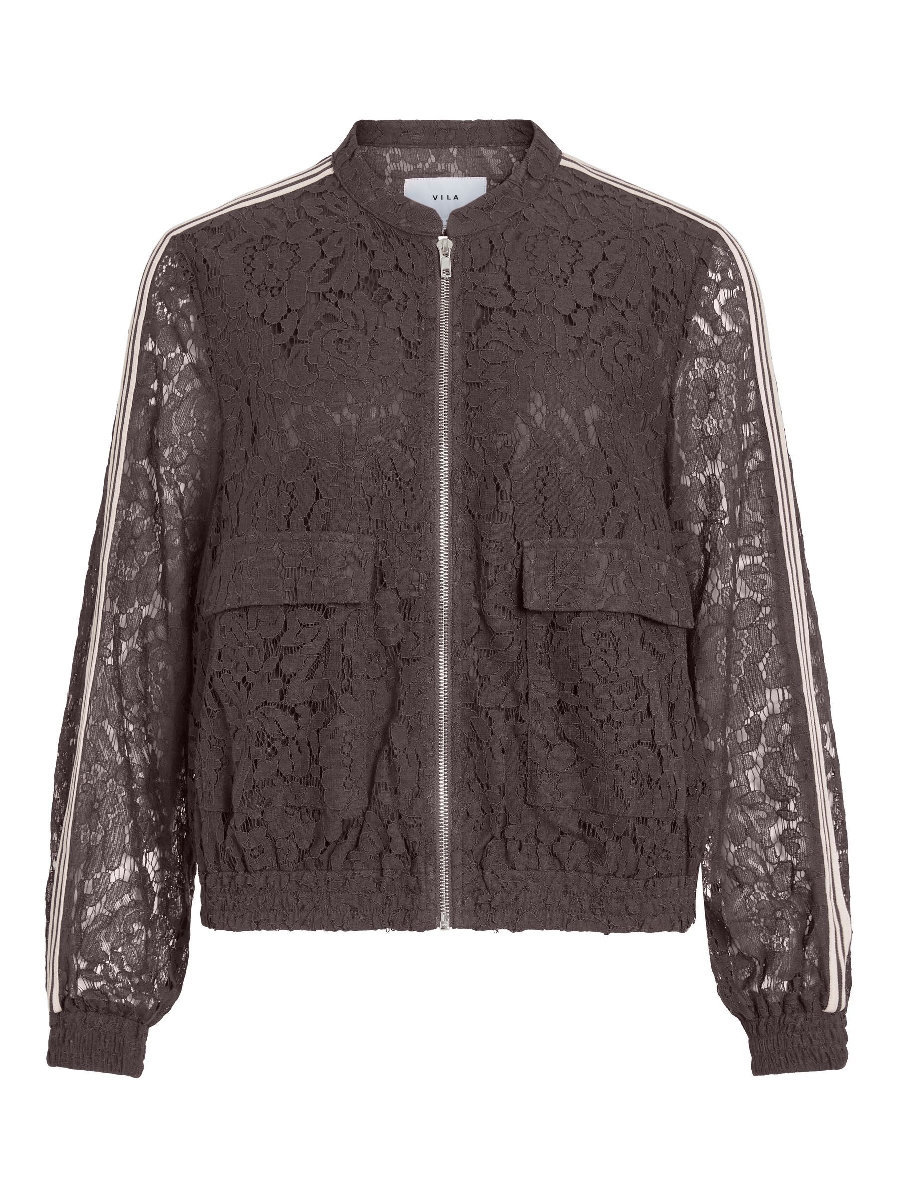 Vila Blouson Baseballkragen Reißverschluss Langarm für Damen (1-St) Florale Spitze, Kontraststreifen, Elastische Abschlüsse
