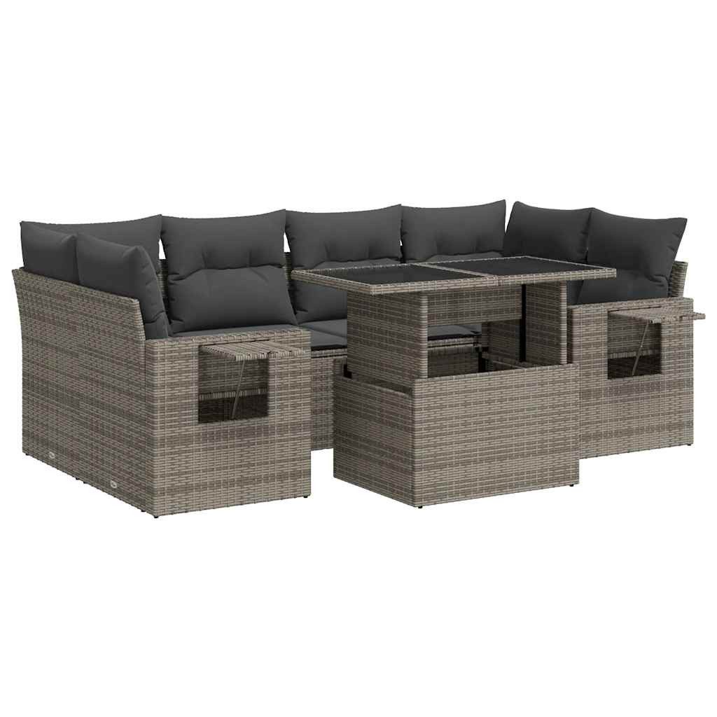 vidaXL Gartenlounge-Set 7-tlg. Garten-Sofagarnitur mit Kissen Grau Poly Rattan, (1-tlg)