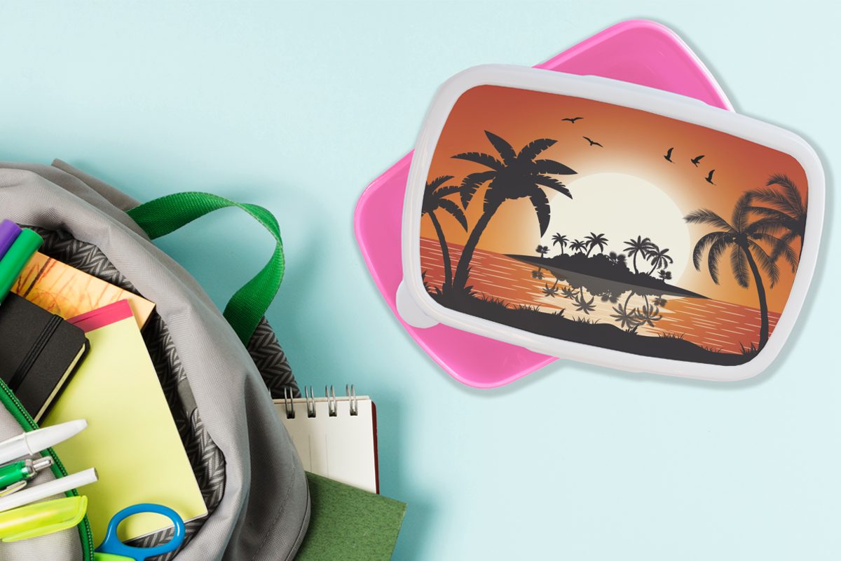 Mädchen, rosa Meer Brotdose - MuchoWow Kinder, Insel Sonne Erwachsene, für (2-tlg), Snackbox, Kunststoff, Palme, - Kunststoff - Lunchbox Brotbox