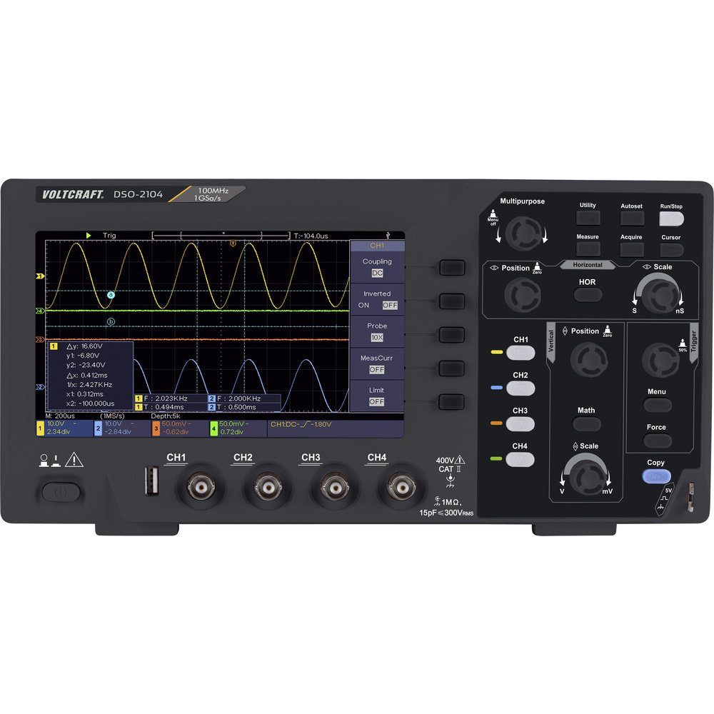 VOLTCRAFT Spannungsprüfer VOLTCRAFT DSO-2104 Digital-Oszilloskop 100 MHz 4-Kanal 1 GSa/s 80 kpt, (DSO-2104)
