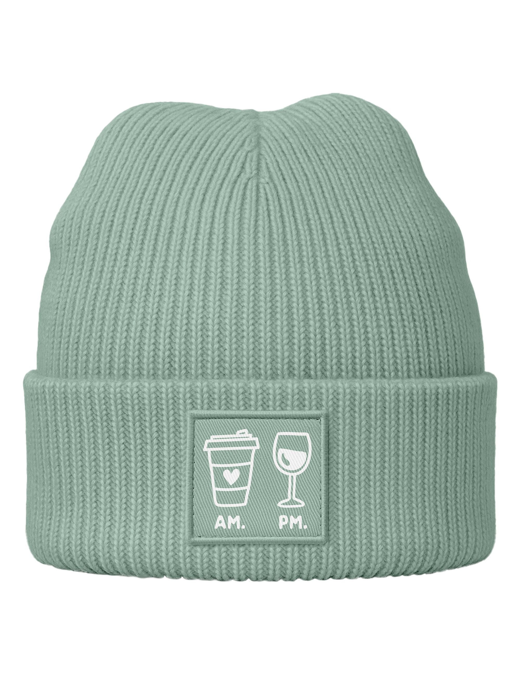 Neverless Strickmütze Damen Beanie Patch Coffe & Wine AM PM Aufdruck Print Wintermütze