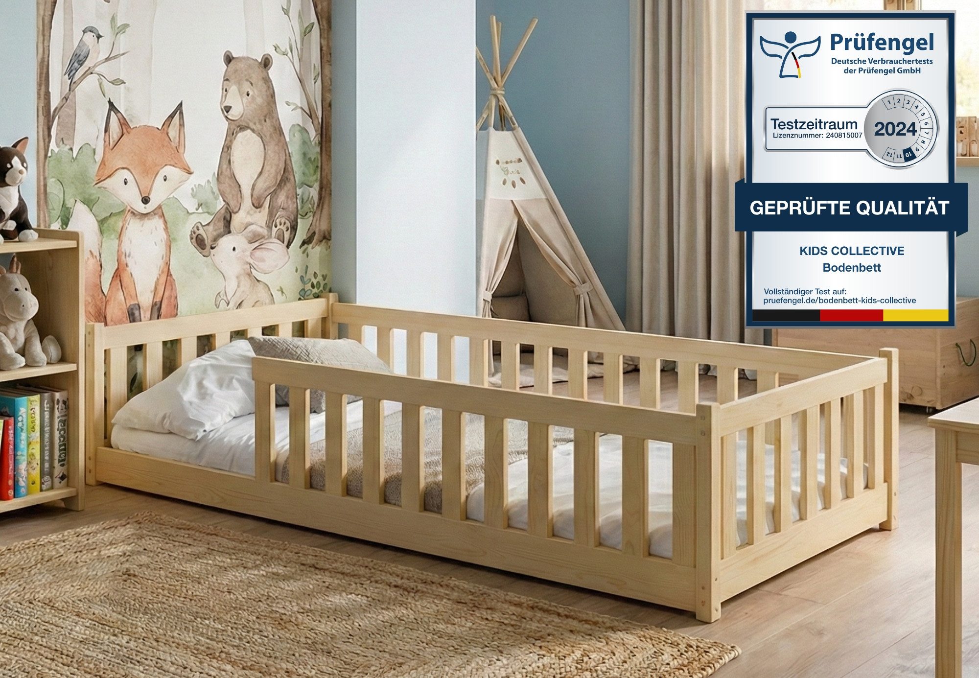 Kids Collective Kinderbett Bodenbett Bett mit Rausfallschutz & Lattenrost Montessori Bett Kinder (Jungen, Mädchen, Kinder, weitere Größen 80x180, 90x190, 90x200, 120x200, 140x200 cm), Jugendbett Gitterbett Einzelbett, Natur Kiefer 80x160 cm
