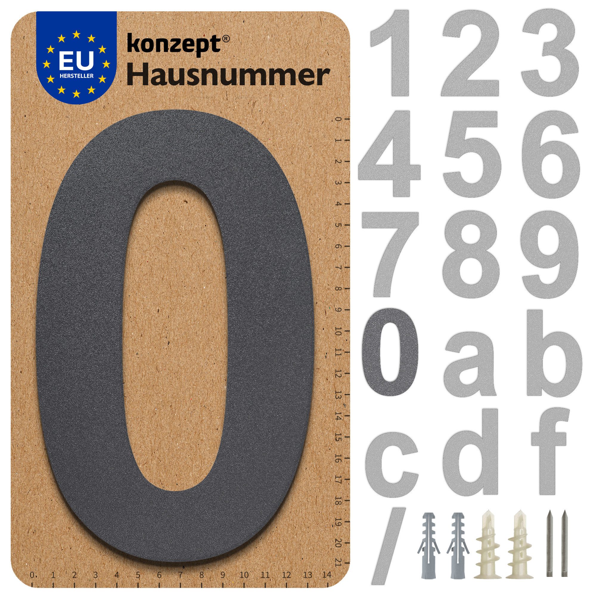 KONZEPT Hausnummer in Schwarz/Graphite, Briefkastennummer von 0 bis 9, (aus massiven Stahl mit witterungsbeständiger, Pulverbeschichtung), Metallbuchstaben A/B/C/D/F und /