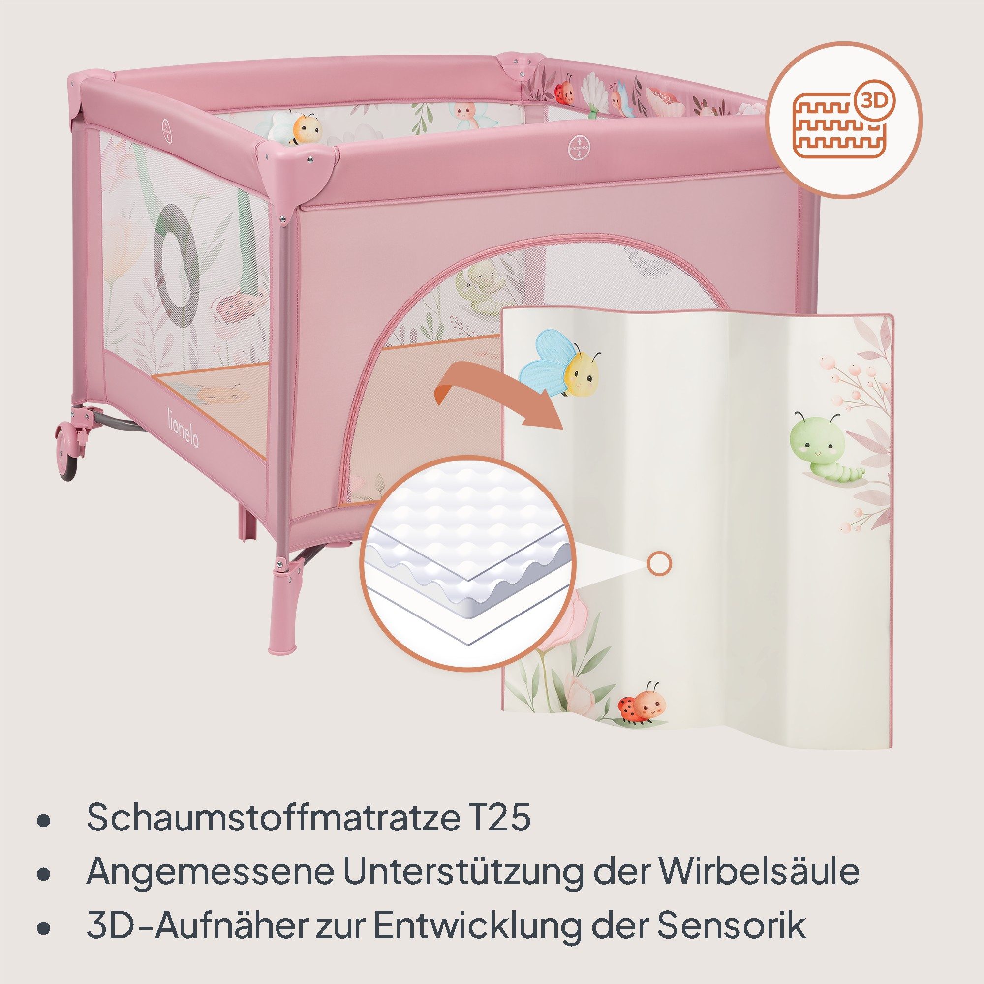 lionelo Laufgitter MILLE PLUS (Set mit Lernmatte und Tragetasche), Matratze/Spielzeug/Lernmatte/Reißverschluss-Eingang/Rollen