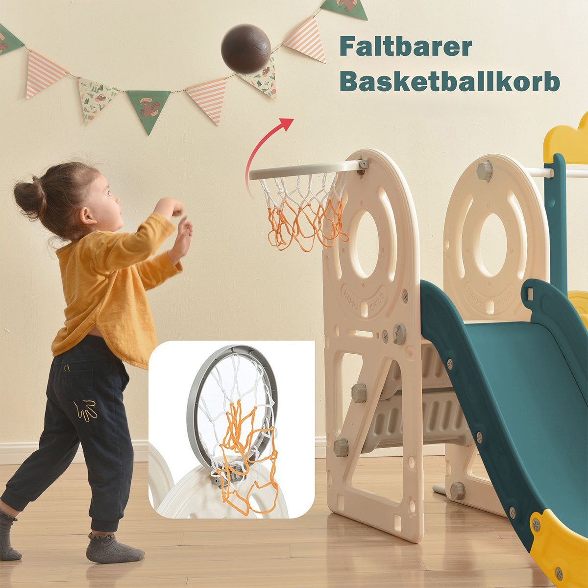 XDeer Rutsche 5 in 1 Kinderrutsche mit Bus Schaukel Rutsche Trittleiter, (4-tlg), Basketballkorb und passendem Basketball Kinderrutschen-Set