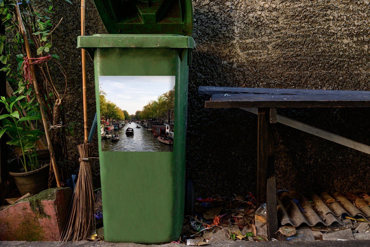 auf Mülleimer-aufkleber, St), Wandsticker beiden Hausbooten Mülltonne, Brouwersgracht MuchoWow Die in Abfalbehälter Seiten (1 Amsterdam Sticker, Container, mit
