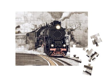 puzzleYOU Puzzle Retro-Dampfzug am Bahnhof, 48 Puzzleteile, puzzleYOU-Kollektionen Lokomotive