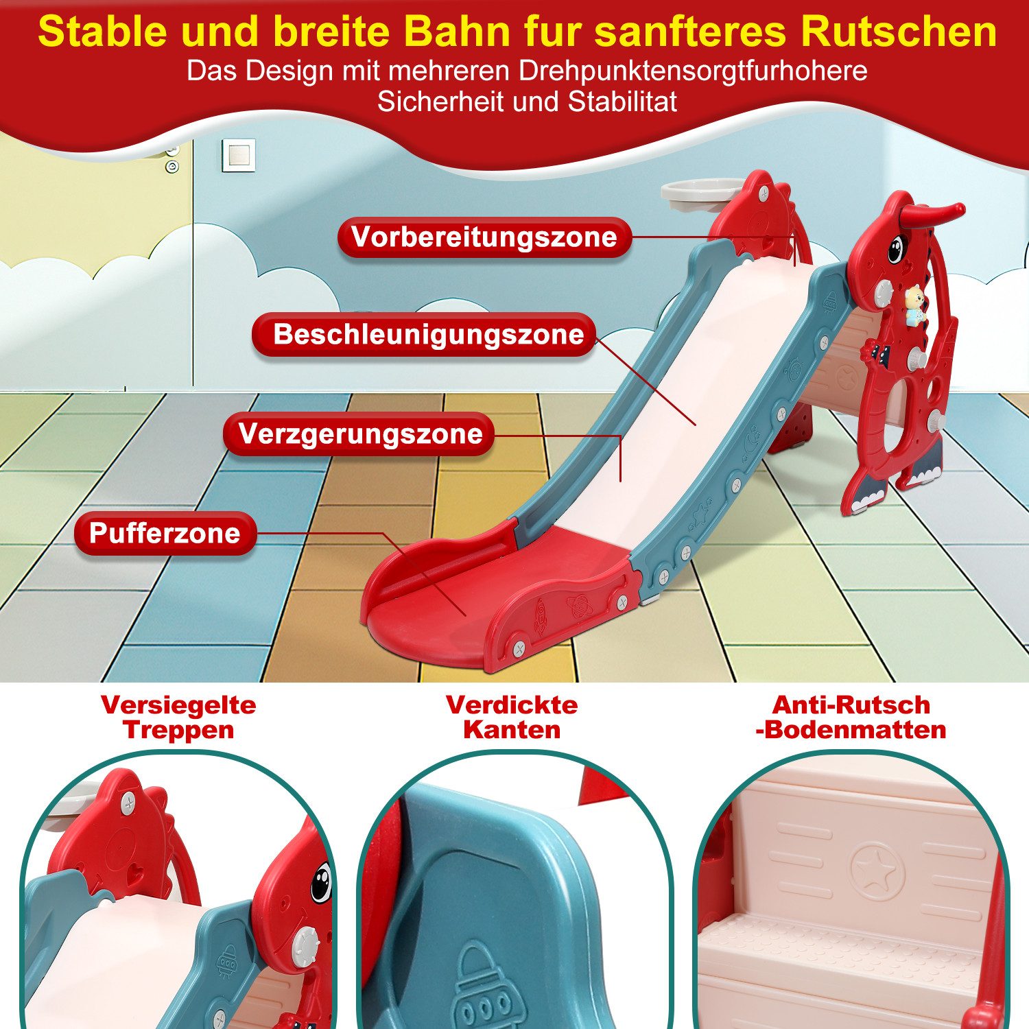 Clanmacy Rutsche 4-in-1 Kinderrutsche mit Basketballkorb Wurfring Englisch-Lerngerät