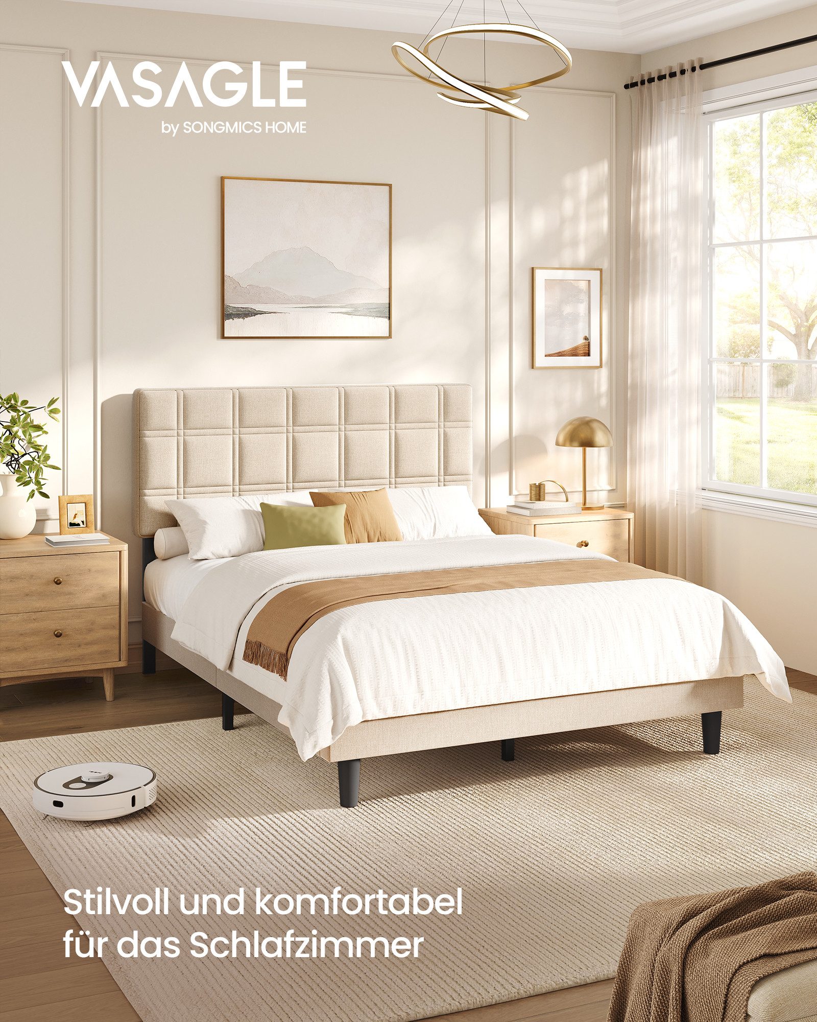 VASAGLE Polsterbett Doppelbett mit Gepolstertem und höheverstellbarem Kopfteil, 140 x 200 cm Cappuccinobeige,Geräuschlos und Einfache Montage – Bild 2 von 5