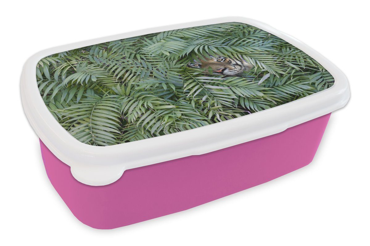 MuchoWow Lunchbox Tiger - Blätter - Farn, Kunststoff, (2-tlg), Brotbox für Erwachsene, Brotdose Kinder, Snackbox, Mädchen, Kunststoff rosa | Lunchboxen