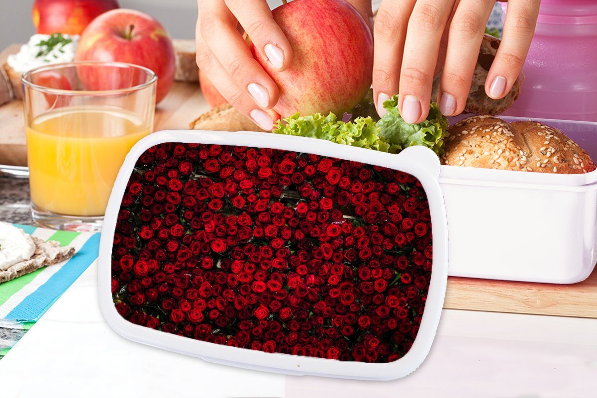 (2-tlg), und Brotdose, Rosen Lunchbox Jungs - Blumen weiß Kunststoff, für Rot, Brotbox MuchoWow für - Erwachsene, Mädchen und Kinder